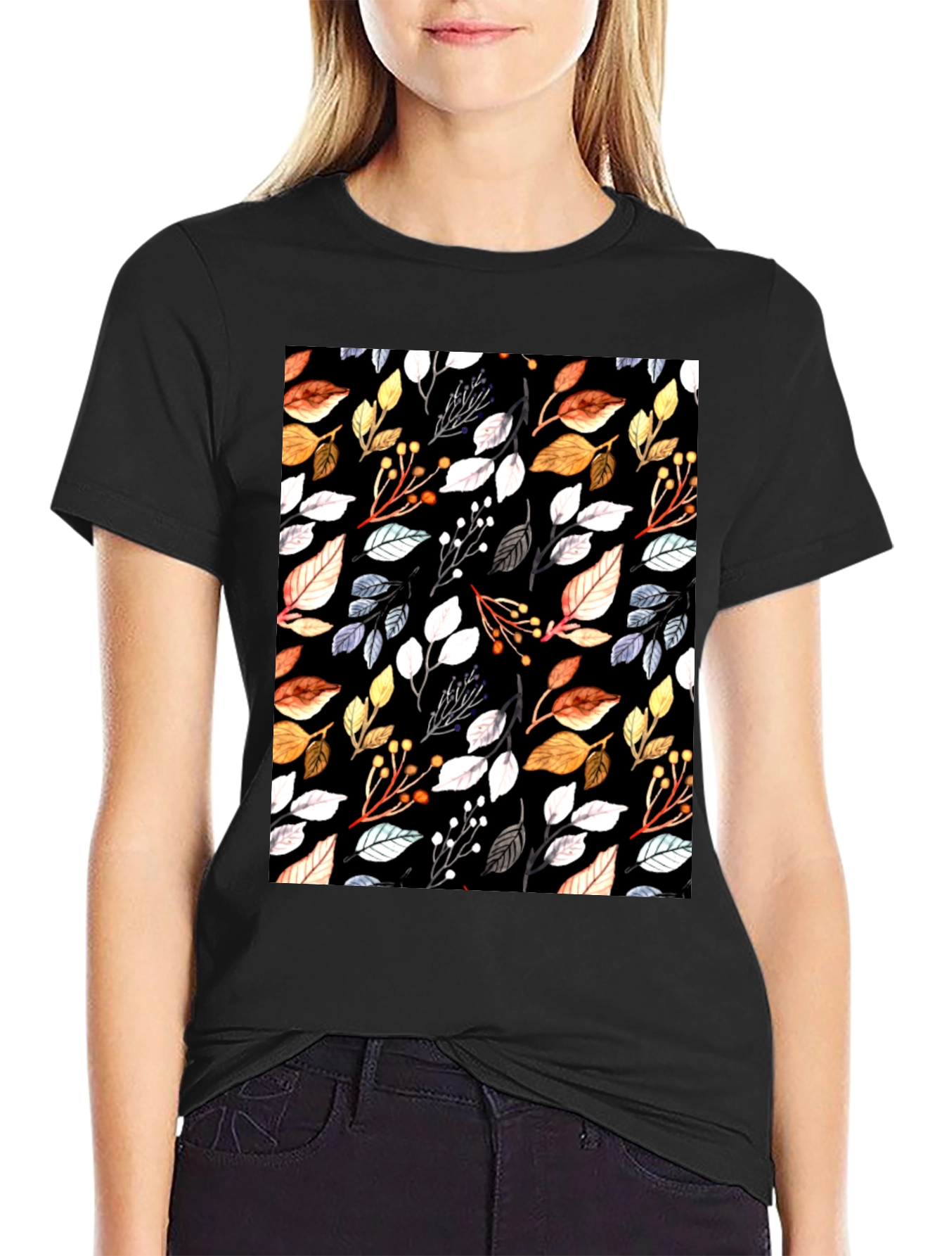Black Autumn Leaf Print Black T-Shirt view 2