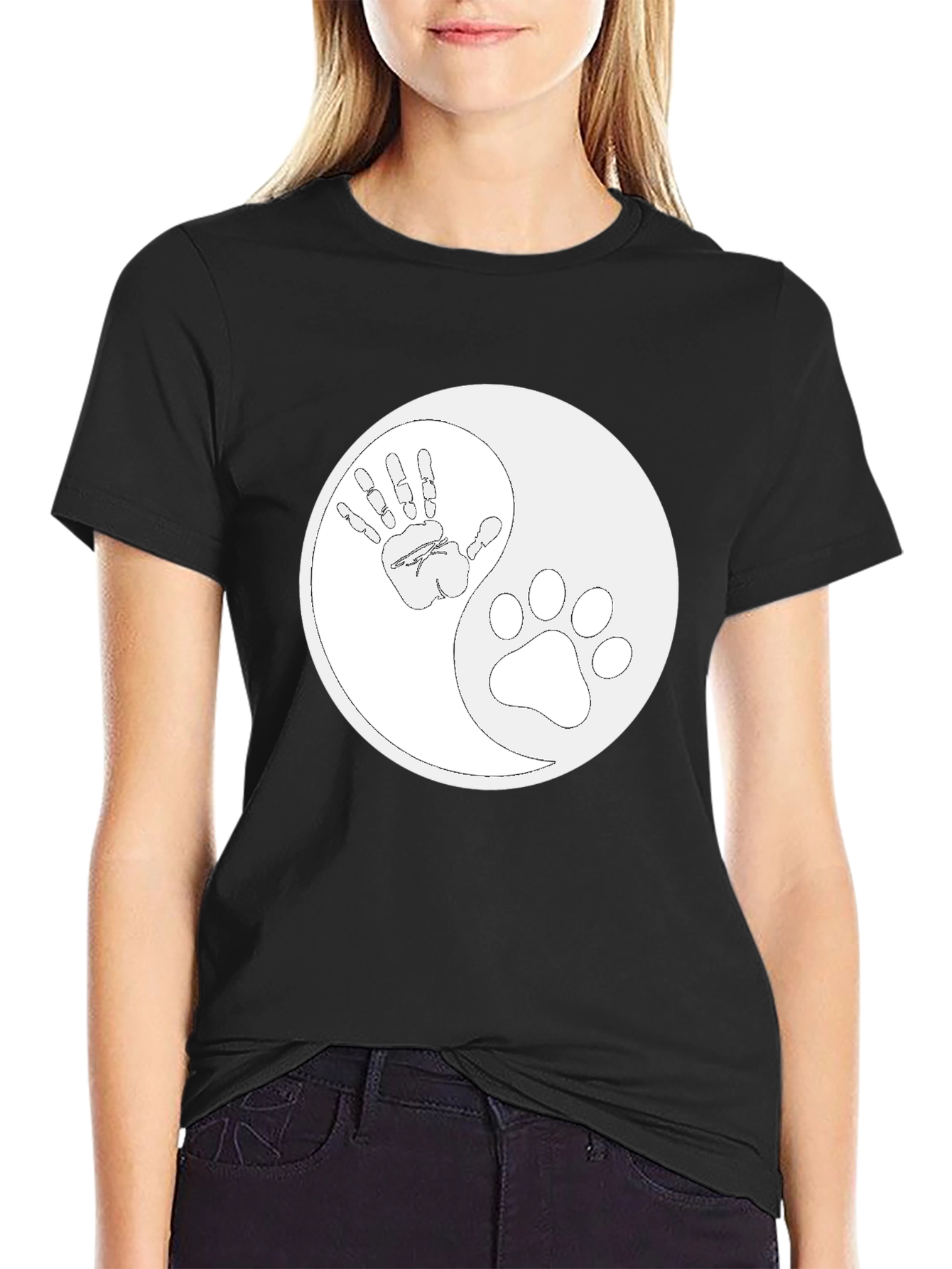 Black Yin Yang Hand and Paw Print T-Shirt view 2