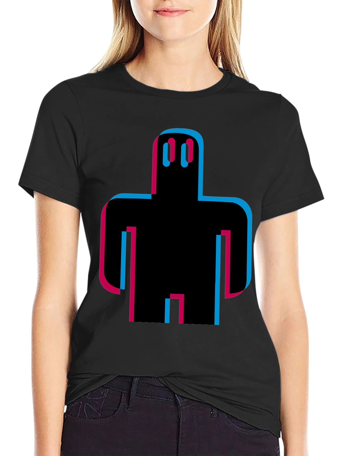 Black Abstract Robot Graphic Tee - Black Cotton T-Shirt view 2