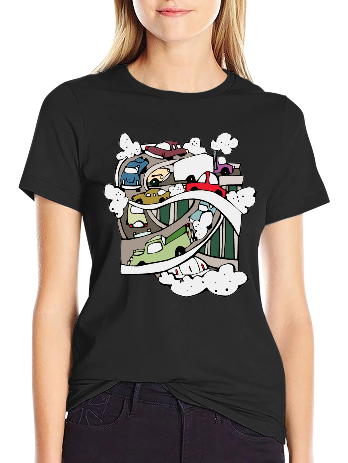 Black Cartoon Cars Graphic Black T-Shirt view 2