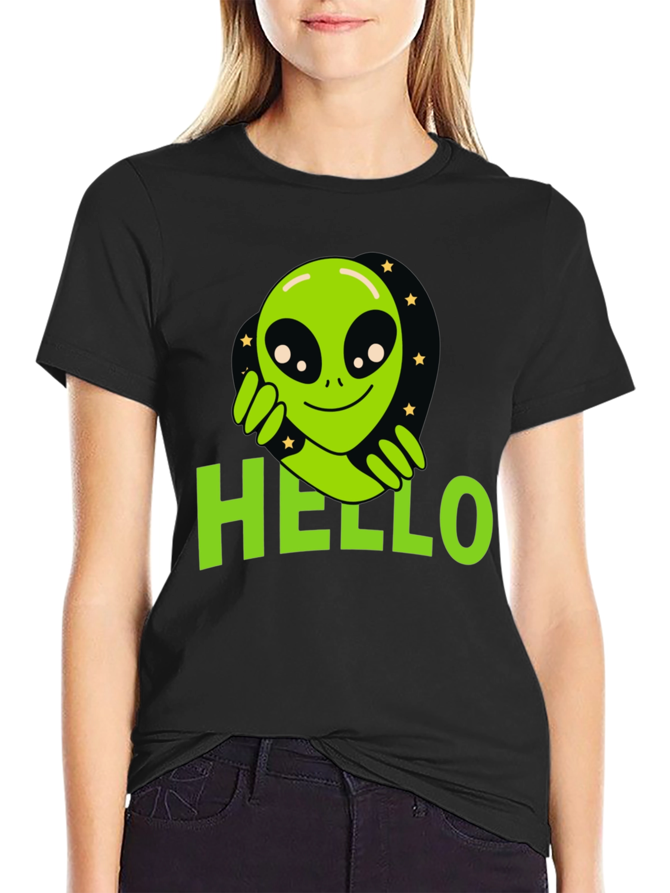 Black Alien Hello T-Shirt - Black Graphic Tee view 2