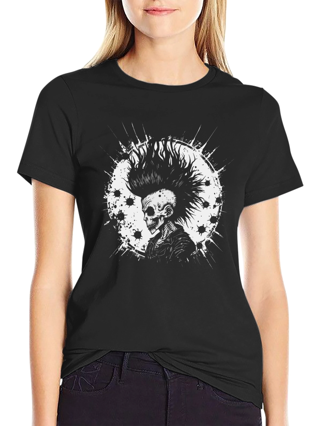 Black Punk Skull Graphic Tee - Black Cotton T-Shirt view 2