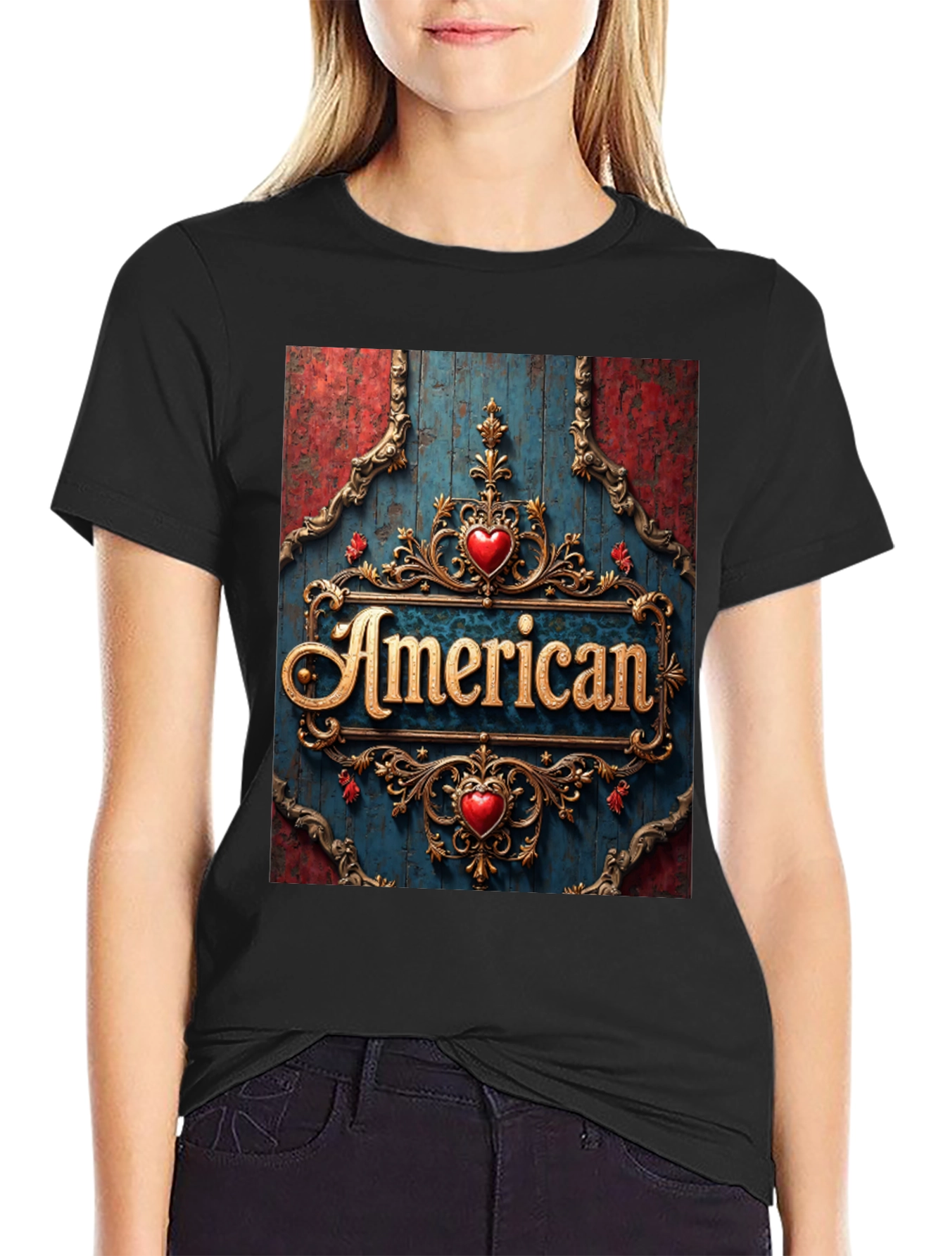 Black American Pride T-Shirt: Ornate Heart Design view 2