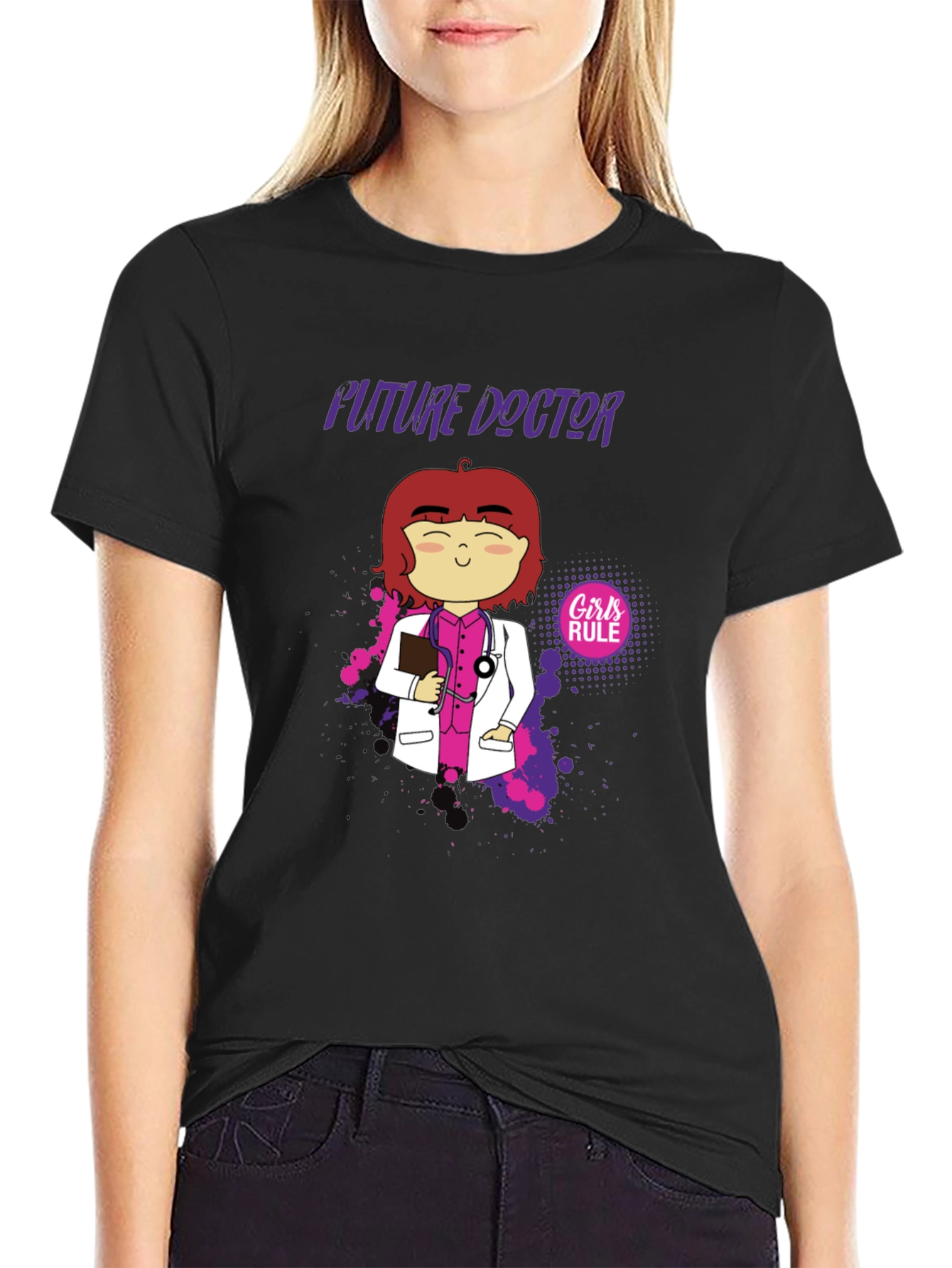 Black Future Doctor Cartoon Graphic T-Shirt view 2