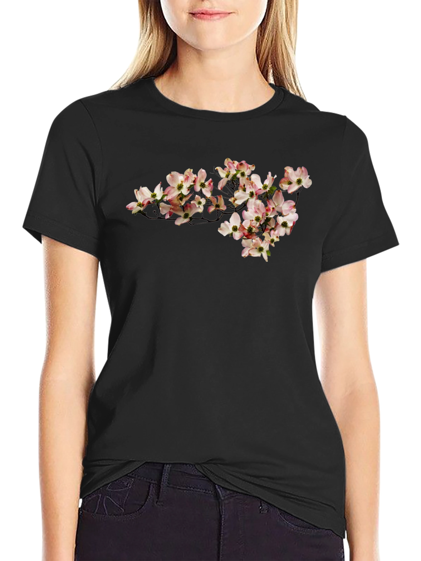 Black Dogwood Floral Print Black T-Shirt view 2