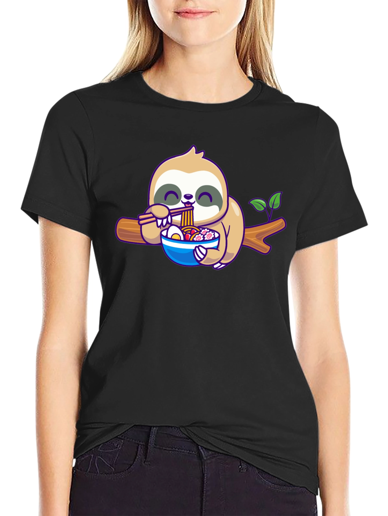 Black Sloth Ramen T-Shirt: Cute Cartoon Animal Tee view 2