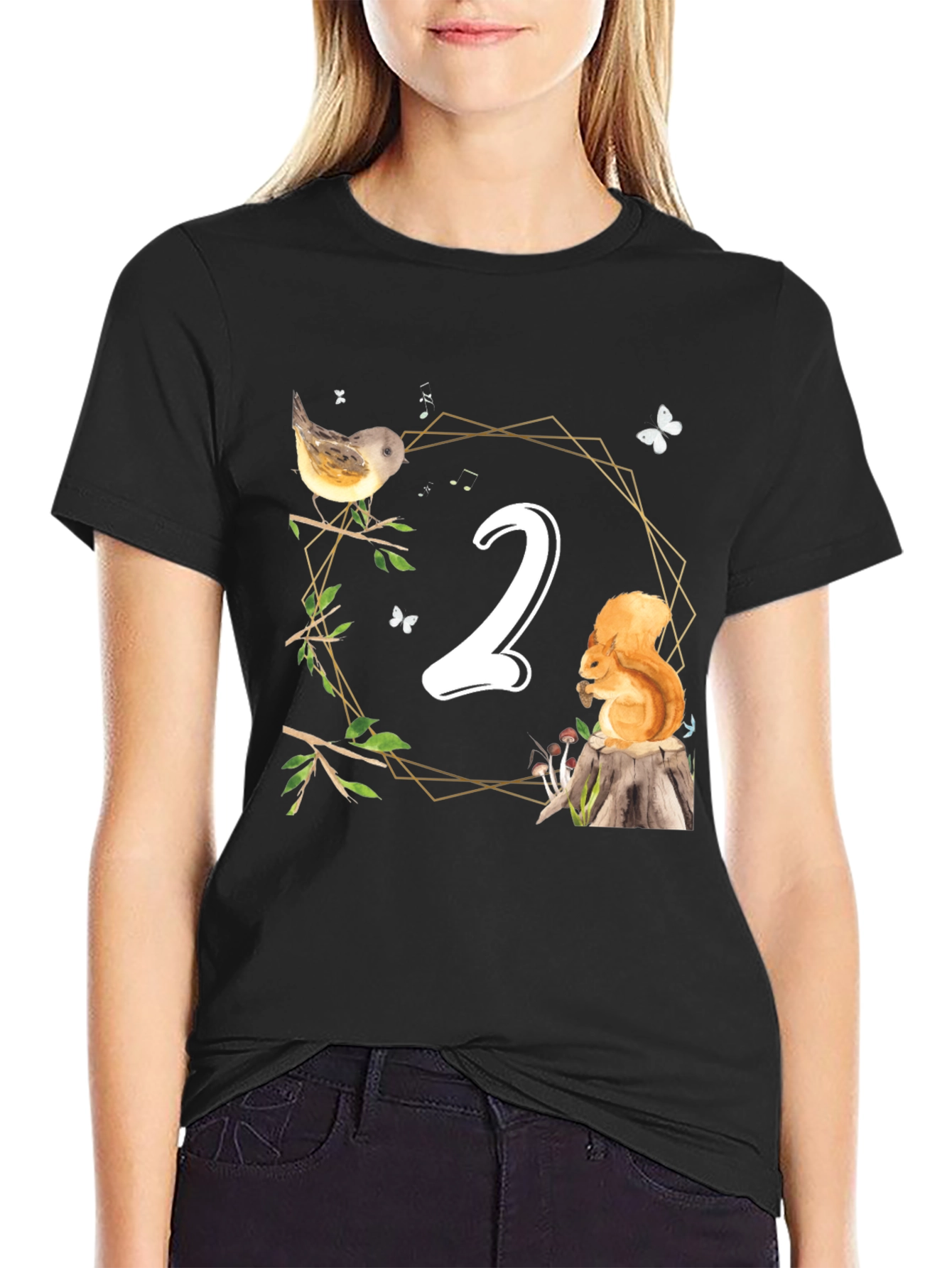 Black Cute Woodland Second Birthday T-Shirt view 2