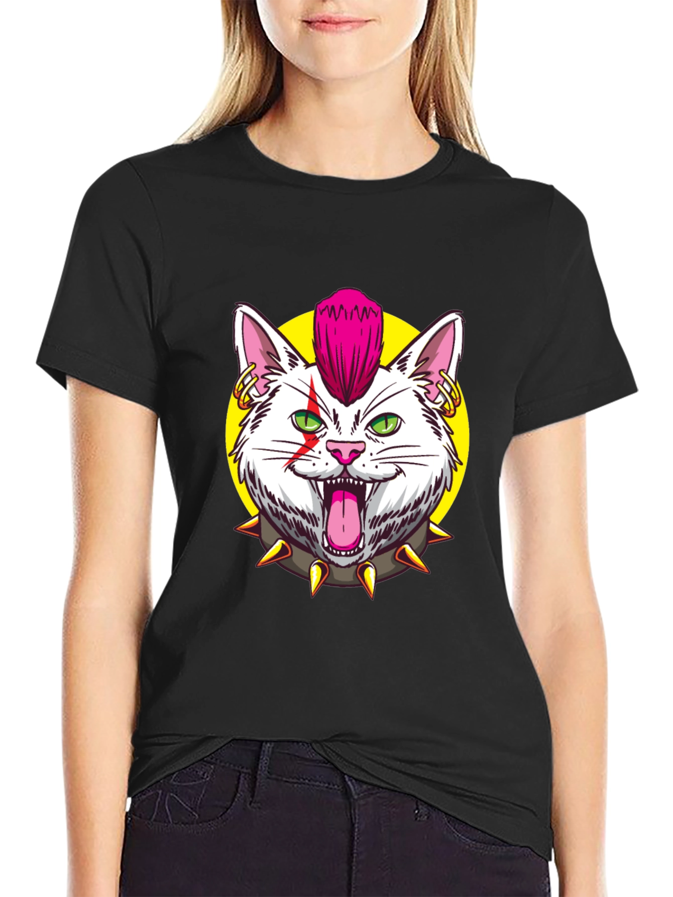 Black Punk Rock Cat Graphic Black T-Shirt view 2