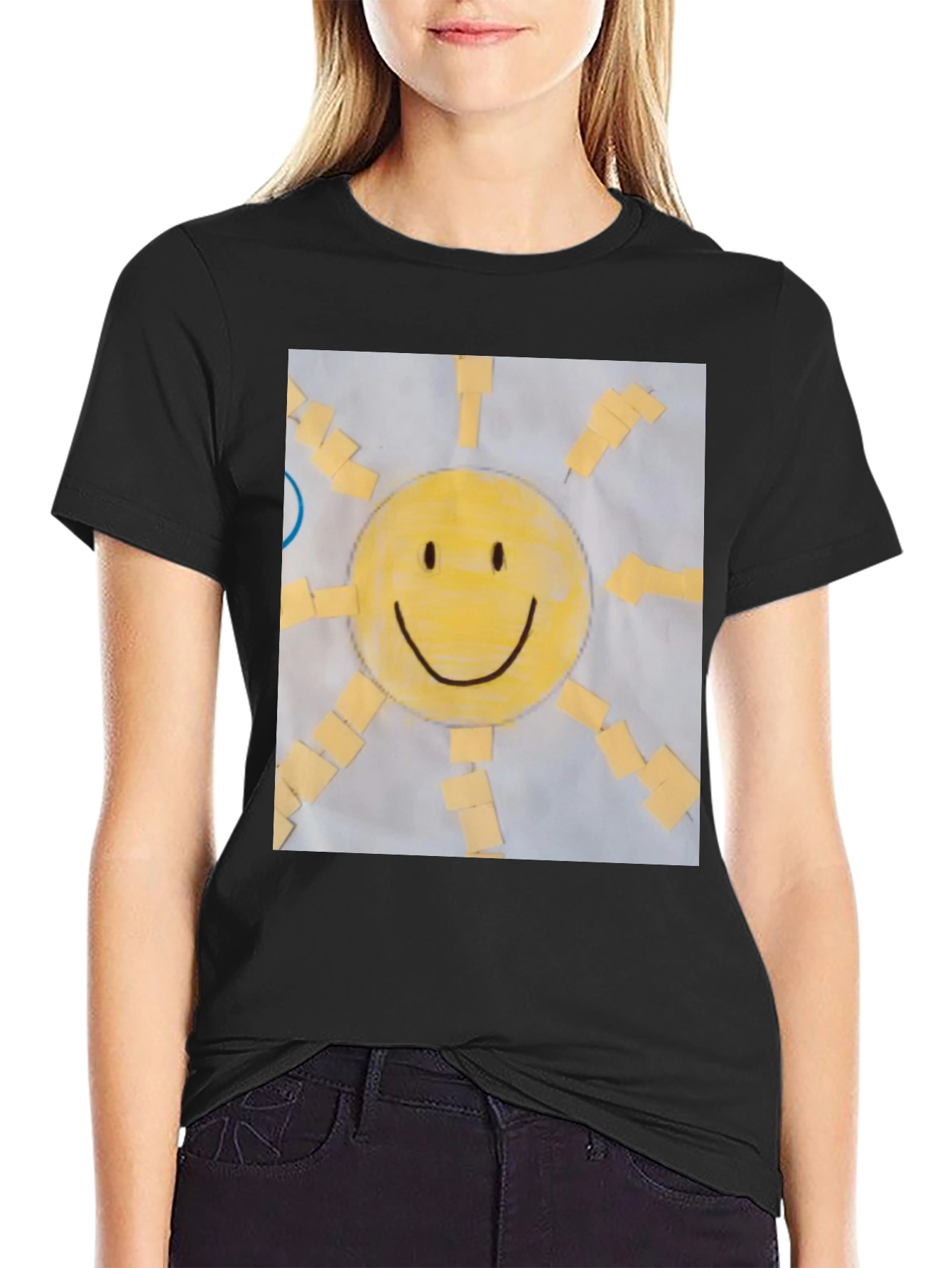 Black Smiley Face Sun Graphic Tee - Cheerful Black T-Shirt view 2