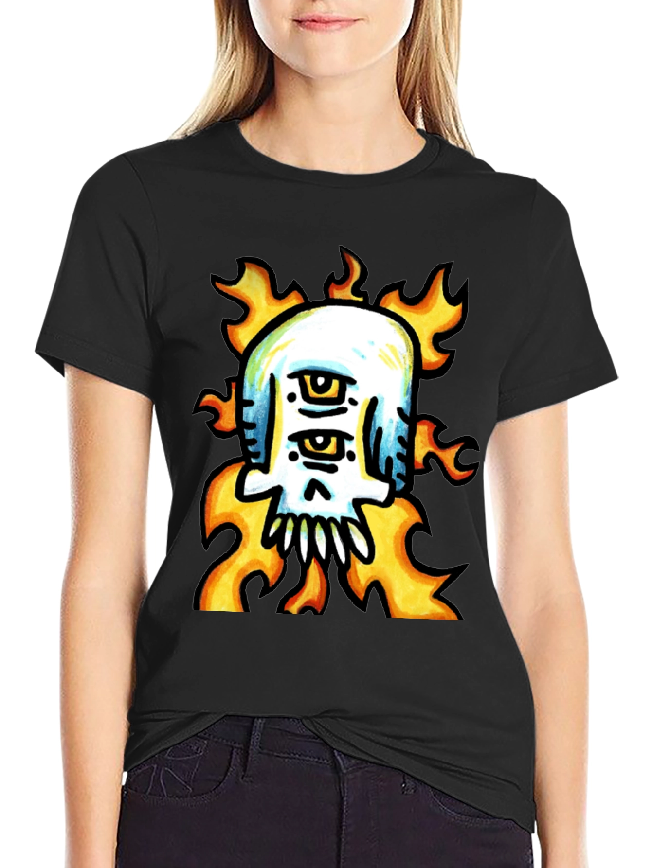 Black Fiery Skull Graphic Tee - Unique Design view 2
