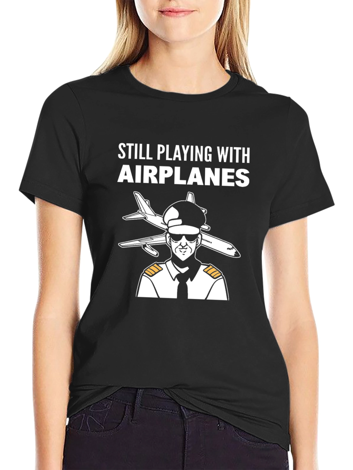 Black Still Playing with Airplanes T-Shirt - Pilot Design view 2