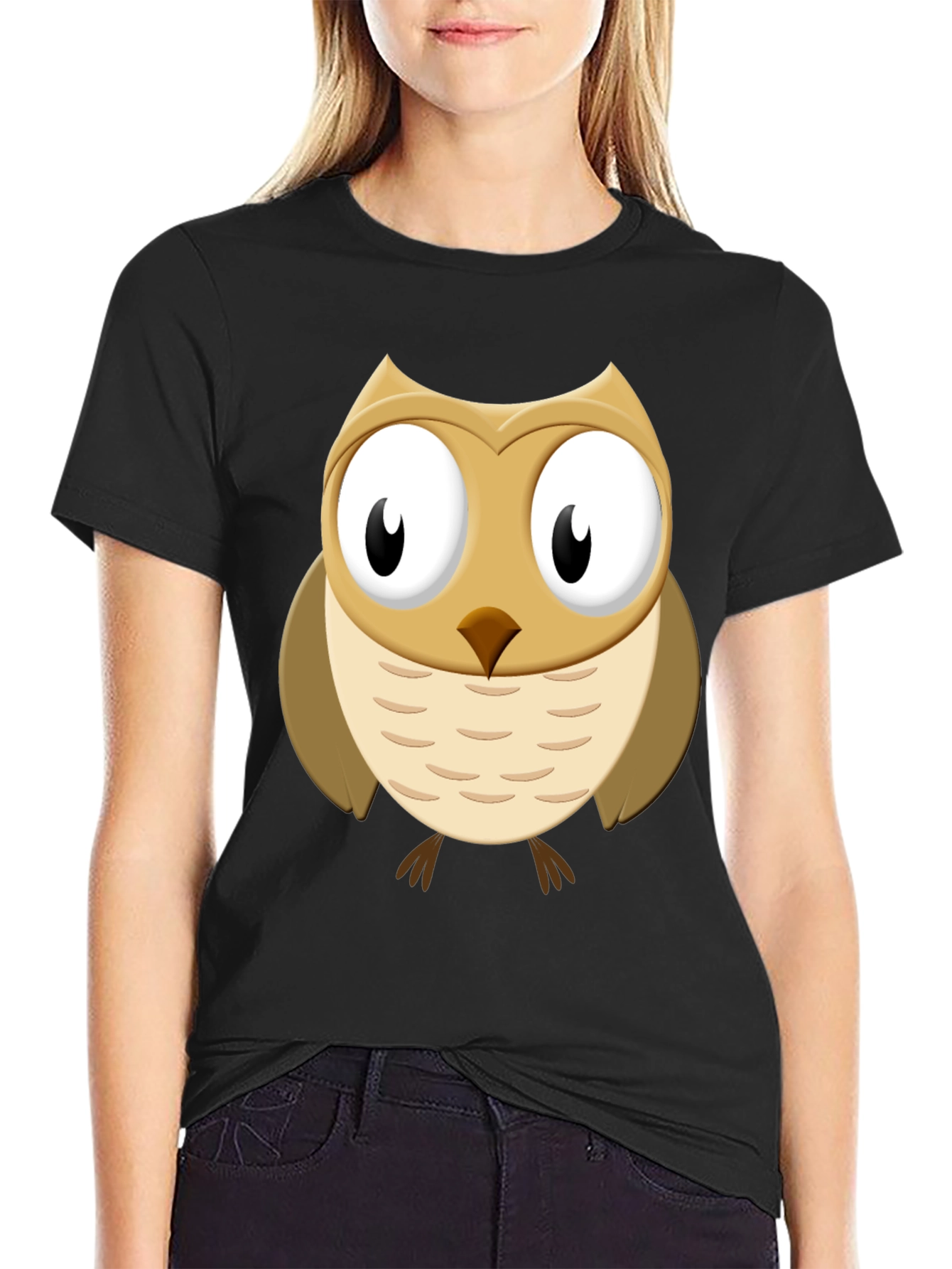 Black Cute Cartoon Owl Graphic Tee - Black Cotton Casual Shirt view 2