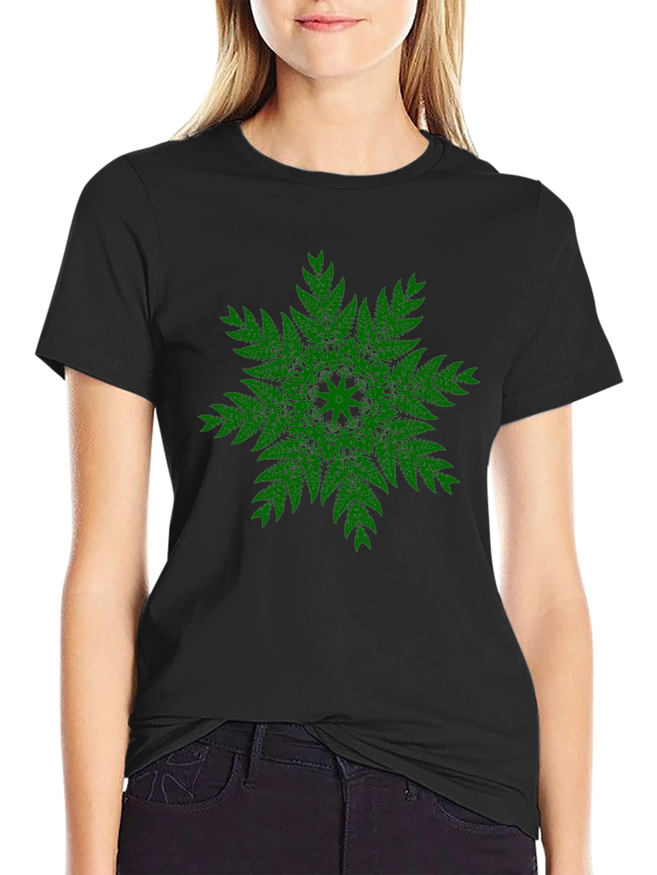 Black Green Fern Mandala Black T-Shirt - Unique Design view 2