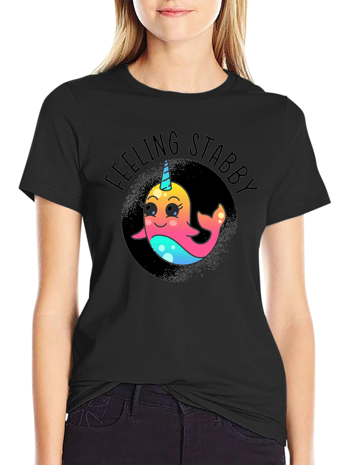 Black Feeling Stabby Narwhal T-Shirt - Black view 2