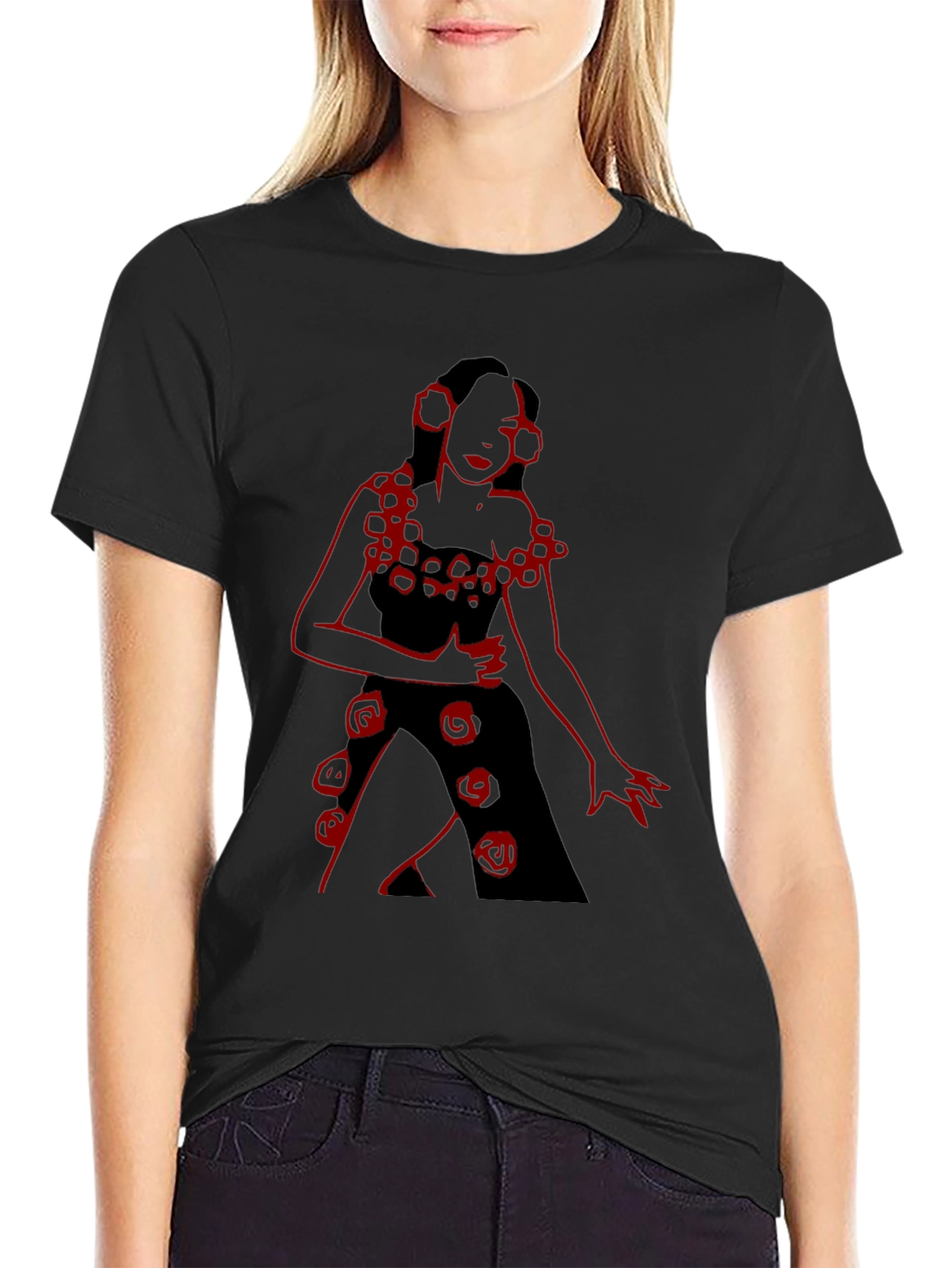 Black Unique Black T-Shirt with Red Rose Lady Design view 2