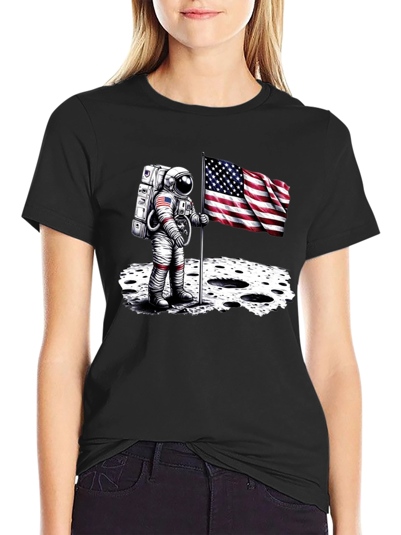 Black Astronaut American Flag T-Shirt - Moon Landing view 2