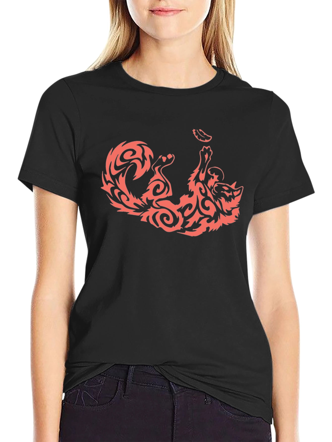 Black Black T-Shirt with Tribal Fox Design view 2