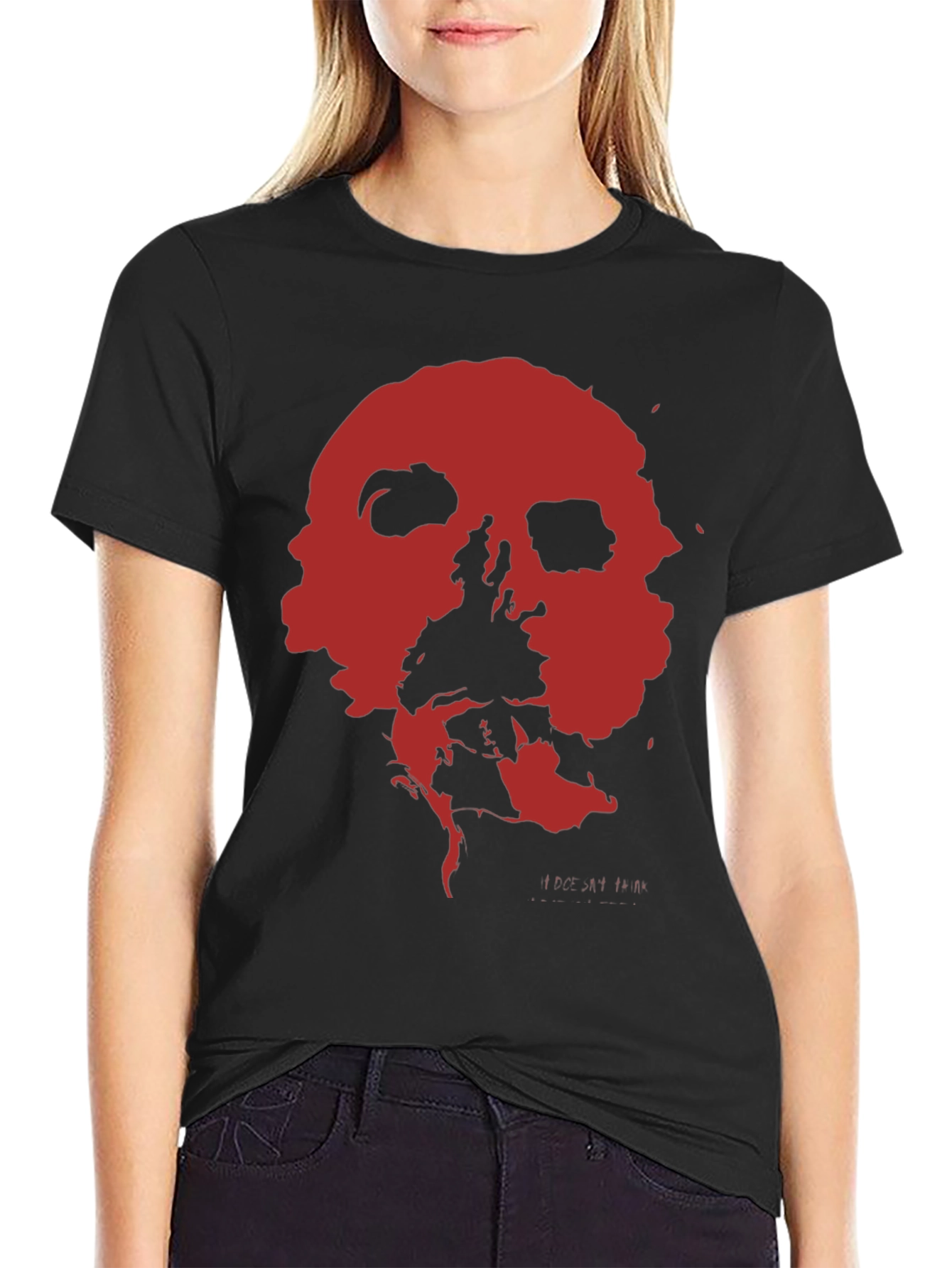 Black Abstract Red Skull Graphic Print Black T-Shirt view 2