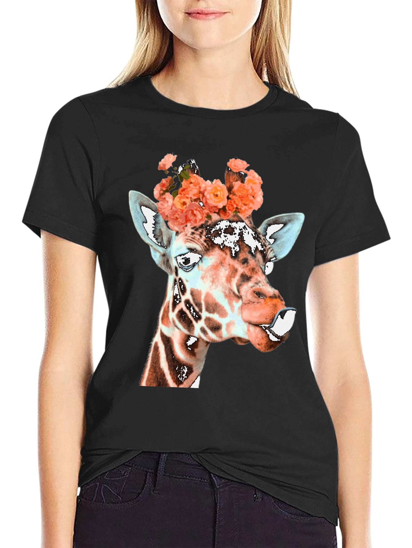 Black Giraffe Floral Crown Graphic Tee - Unique Animal Shirt view 2