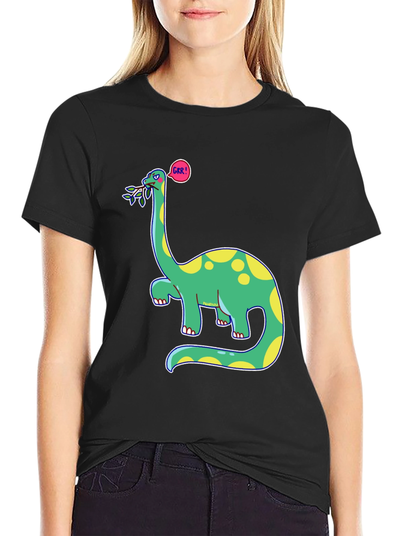 Black Dino GRR! Black T-Shirt - Cartoon Brontosaurus Tee view 2