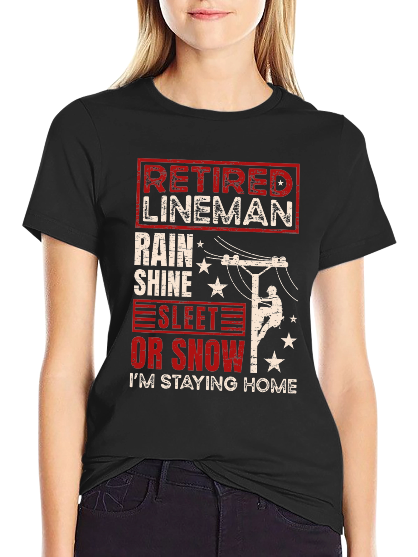 Black Retired Lineman T-Shirt - Stay Home in Style view 2