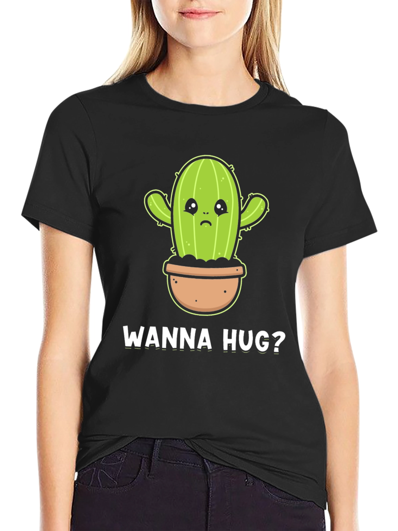 Wanna Hug? Cactus Graphic Tee - Soft Cotton Black T-Shirt - 2