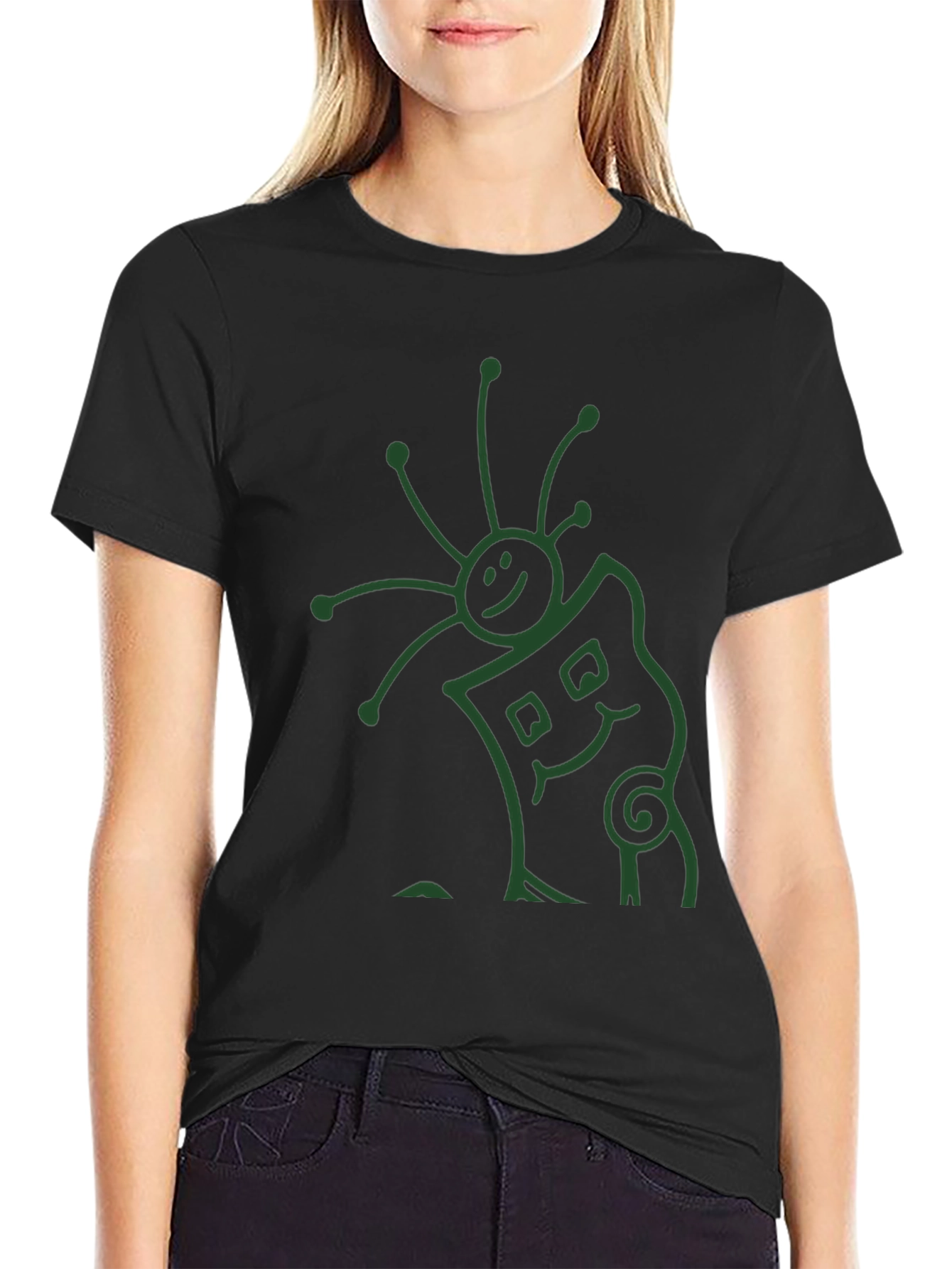 Black Black T-Shirt with Abstract Smiling Creature Graphic view 2