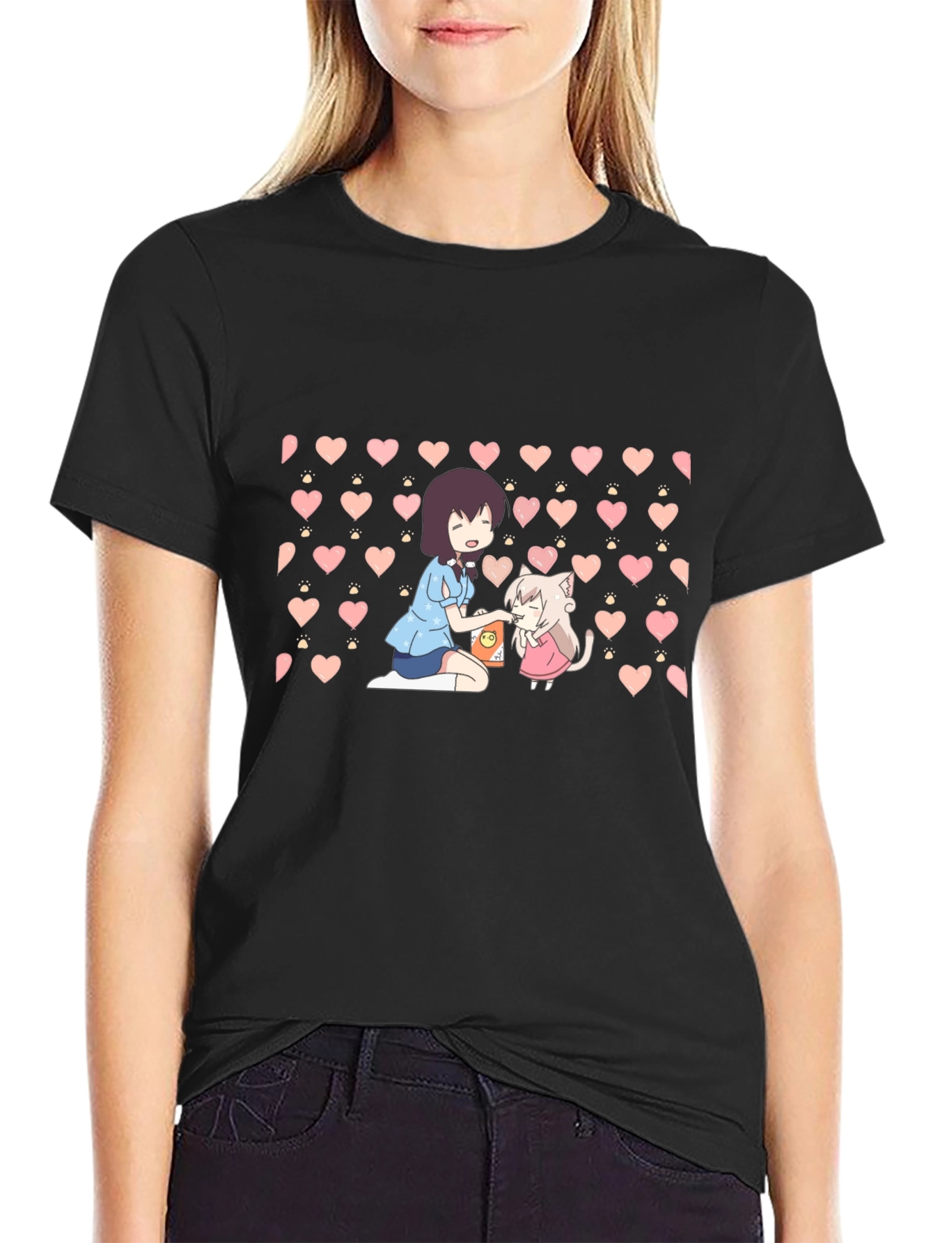 Black Anime Girl & Cat Heart Pattern Black T-Shirt view 2