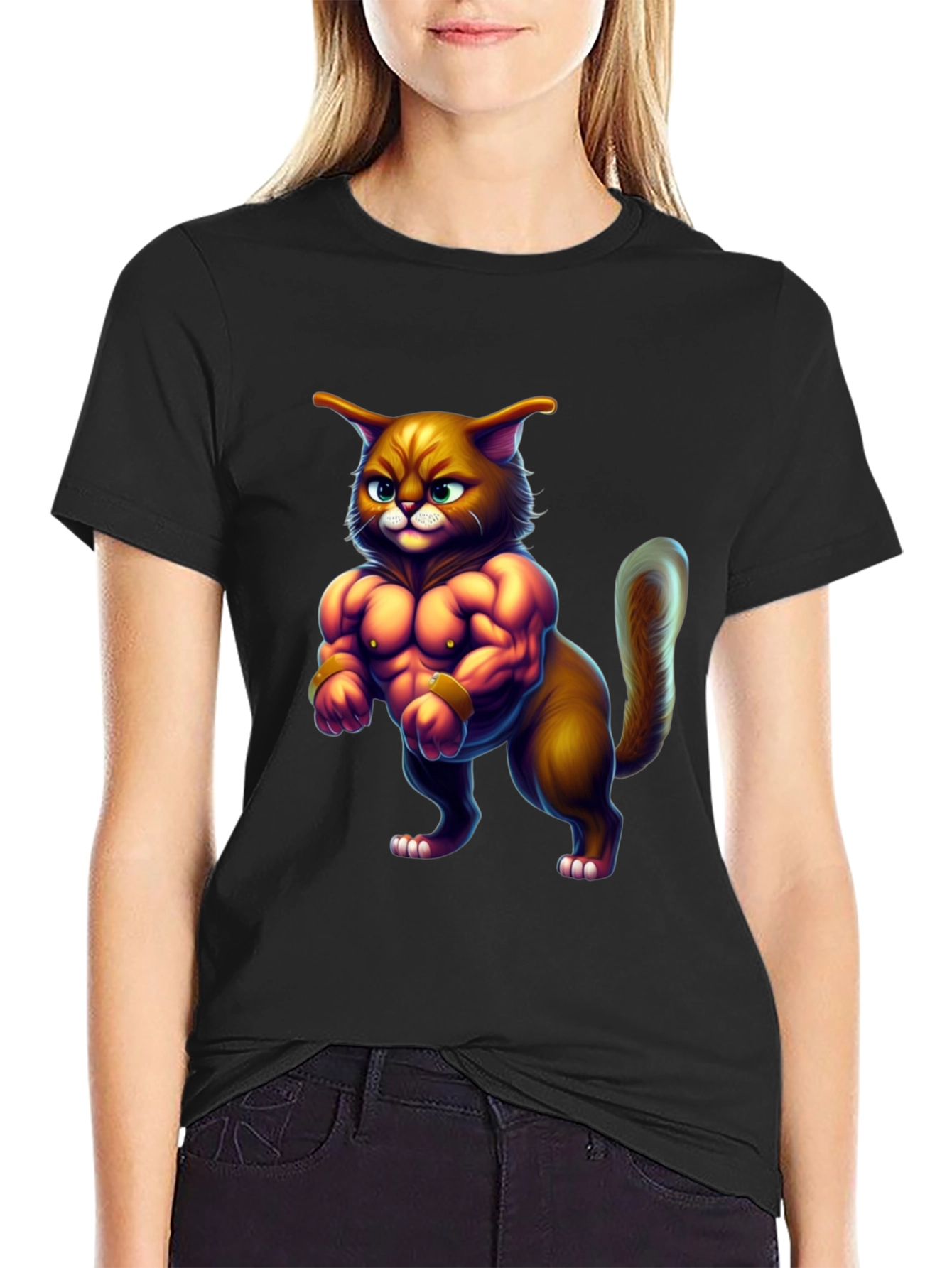 Black Buff Cat Graphic Tee - Funny Gym Cat T-Shirt view 2