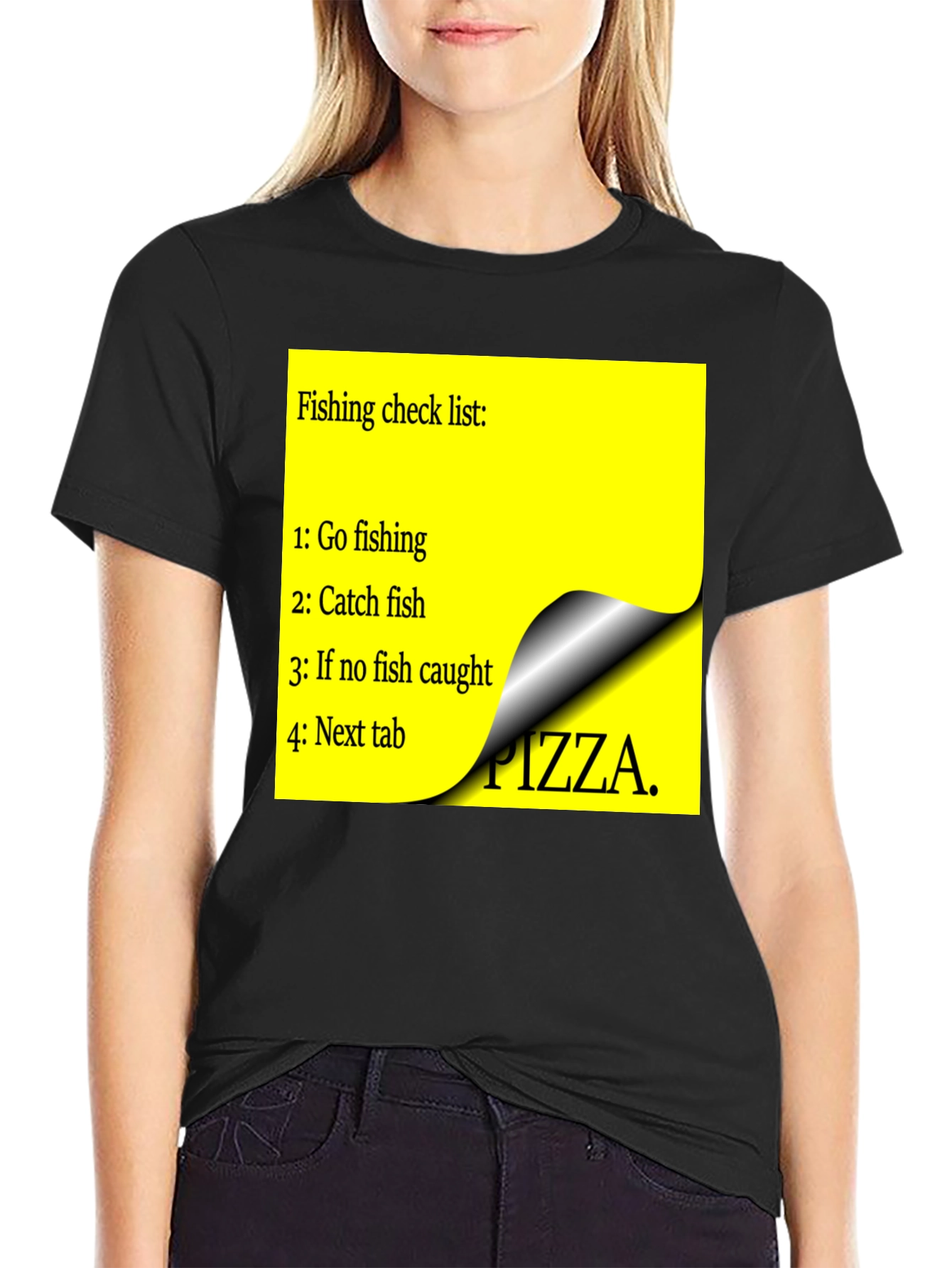 Black Fishing Check List T-Shirt - Funny Pizza Option view 2