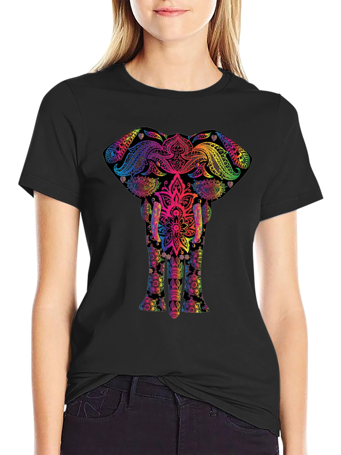 Black Vibrant Elephant Mandala Graphic Tee - Black view 2