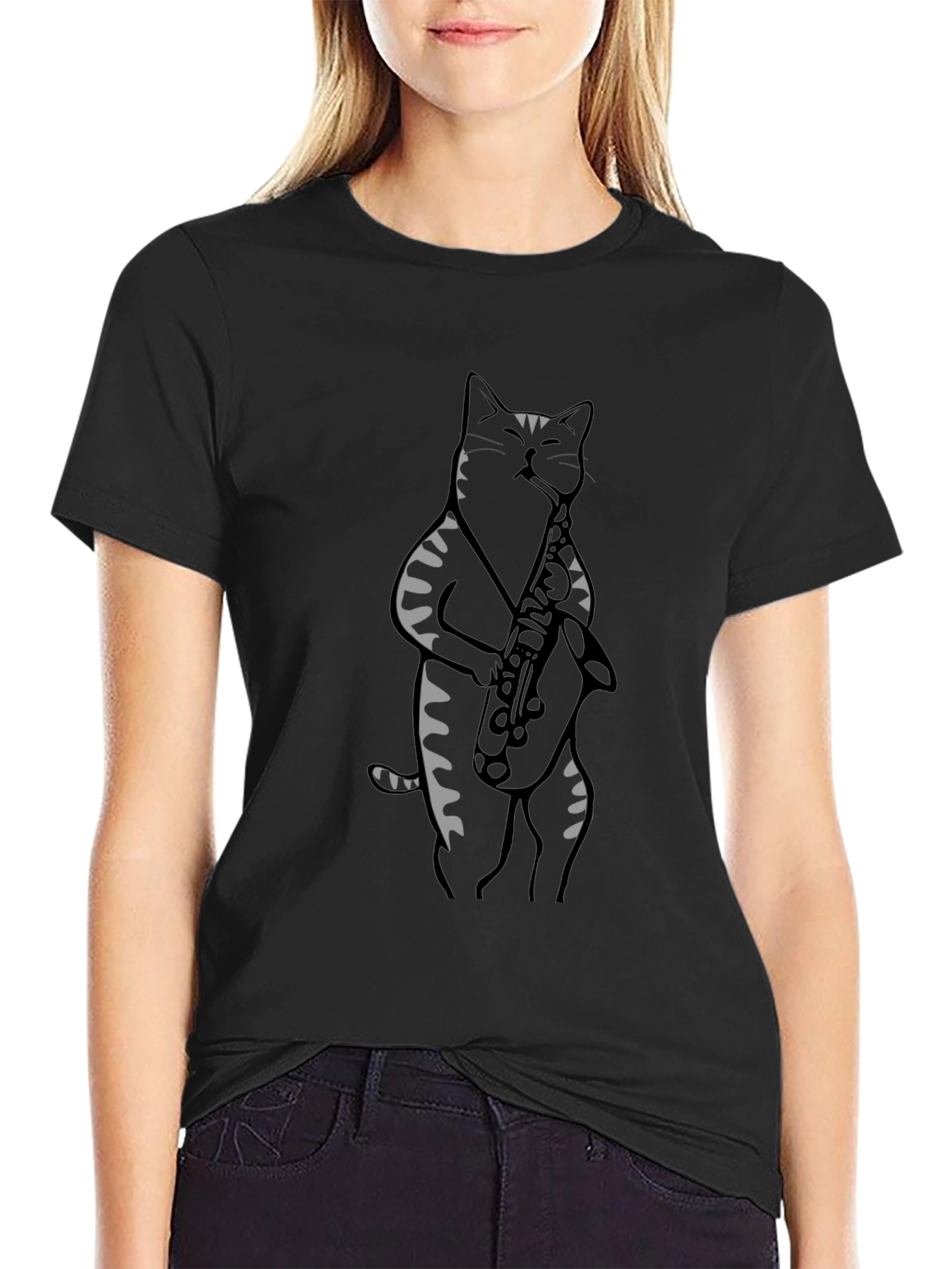 Black Cat Saxophone Player T-Shirt - Cool Music Tee view 2