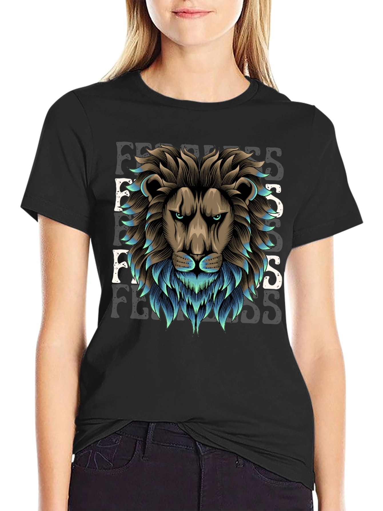Black Fearless Lion Graphic Print T-Shirt view 2