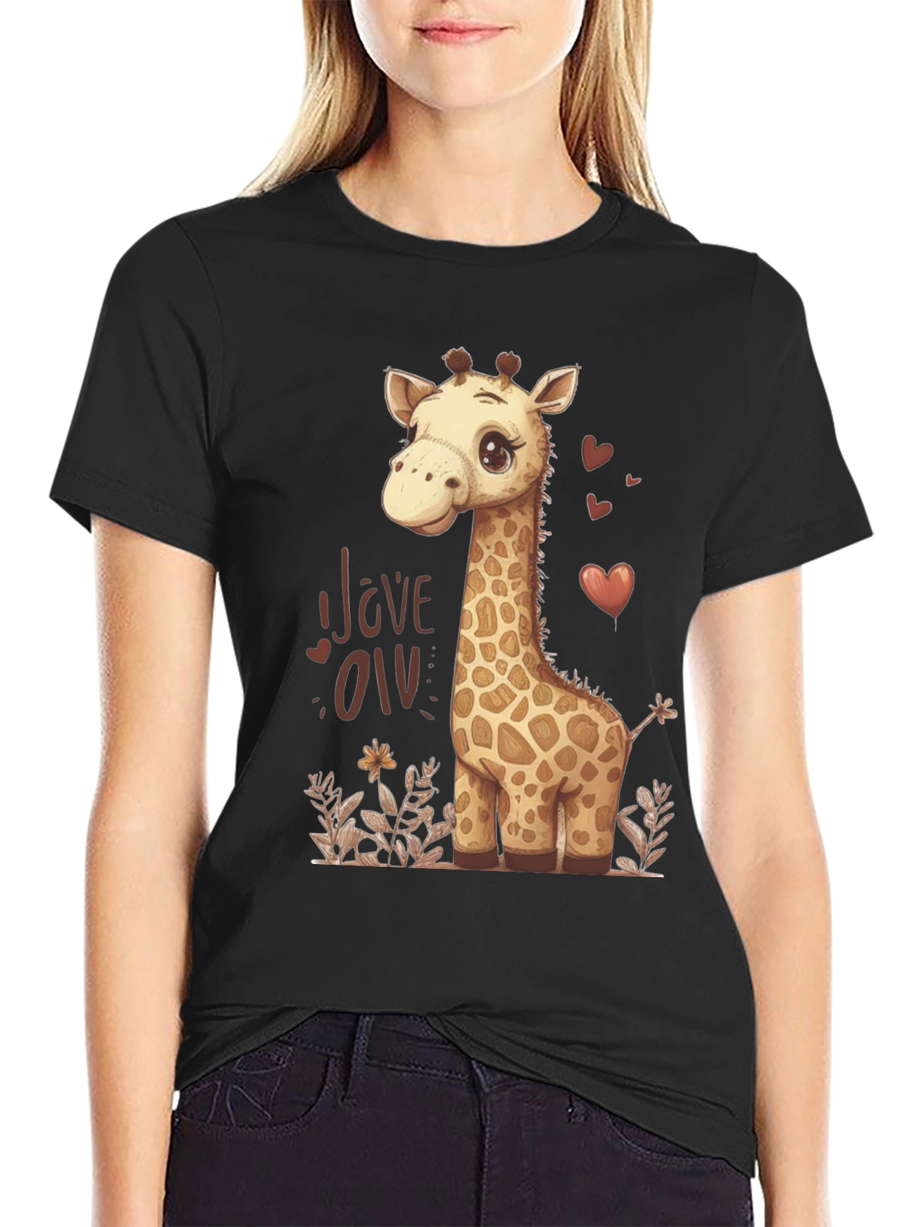 Black Cute Giraffe Love Graphic T-Shirt - Black view 2