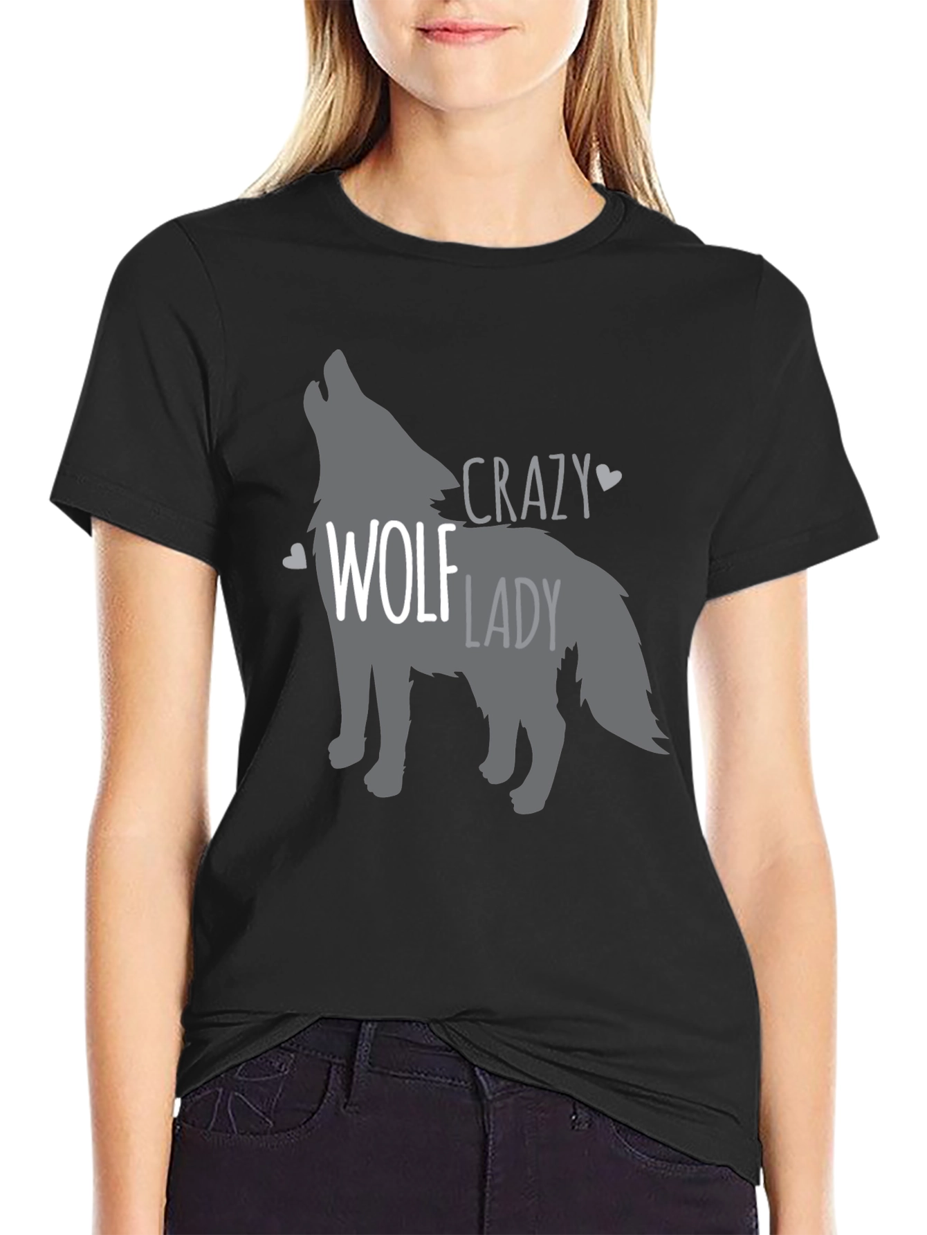 Black Crazy Wolf Lady T-Shirt - Animal Lover Tee view 2