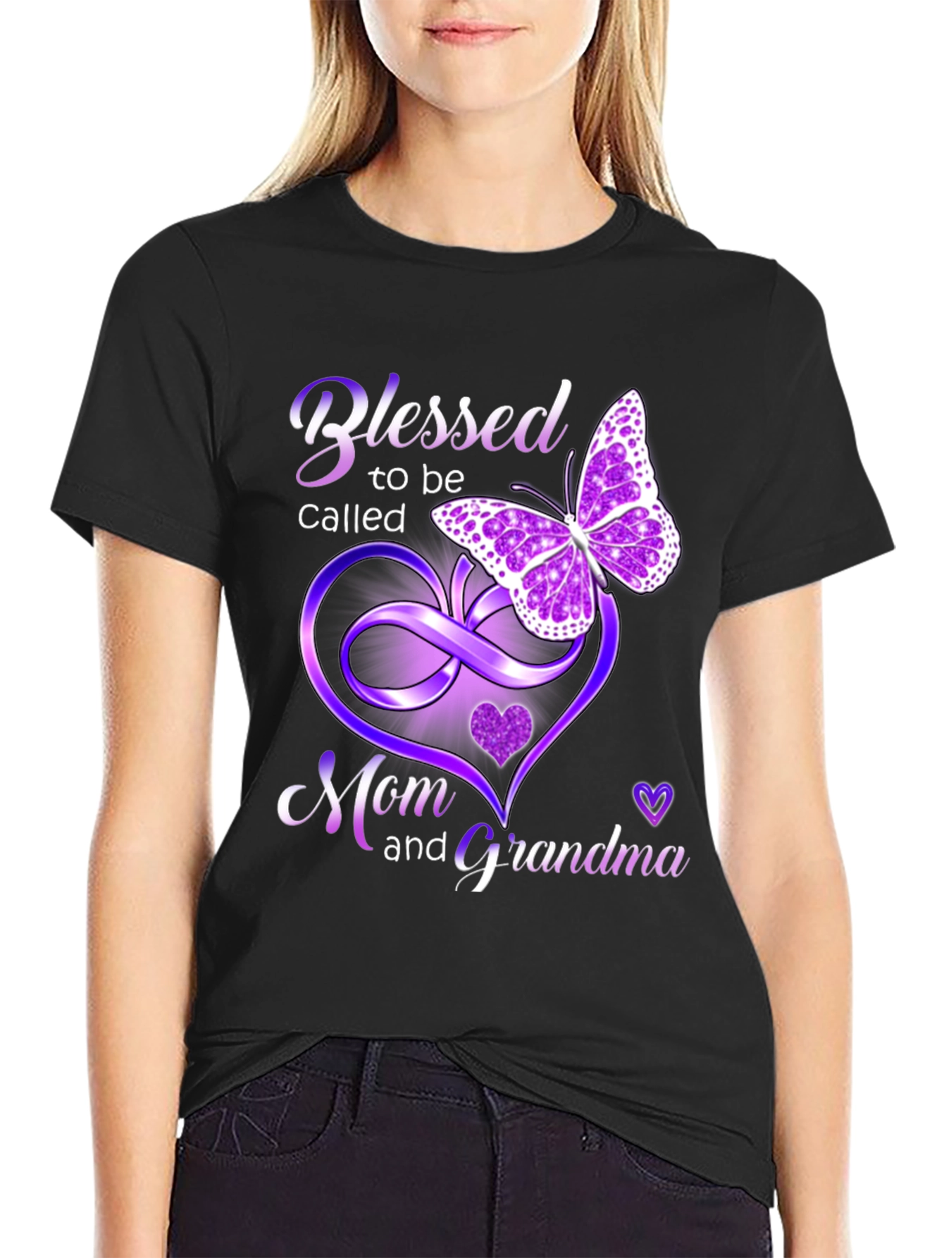 Black Blessed Mom and Grandma T-Shirt with Butterfly Design view 2