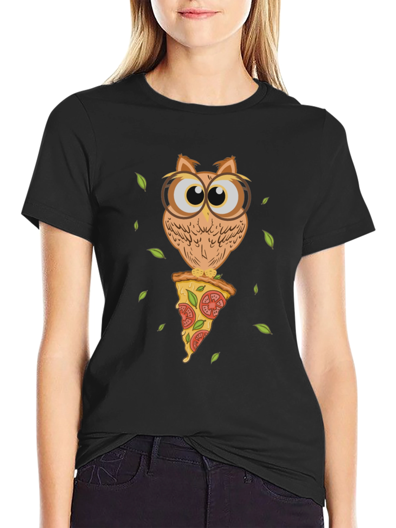 Black Owl Pizza Slice T-Shirt - Unique Graphic Tee view 2