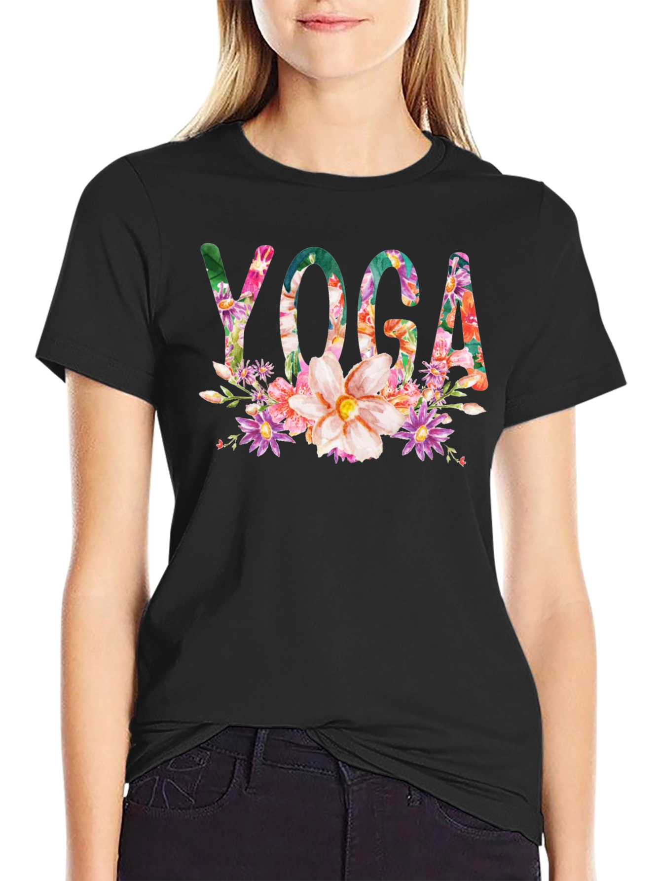 Black Floral Yoga T-Shirt - Black view 2