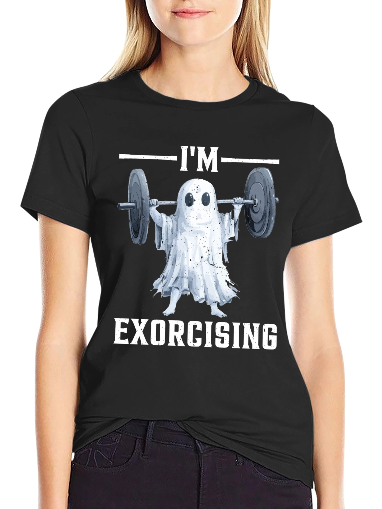 Black Funny Ghost Exorcising Workout T-Shirt view 2