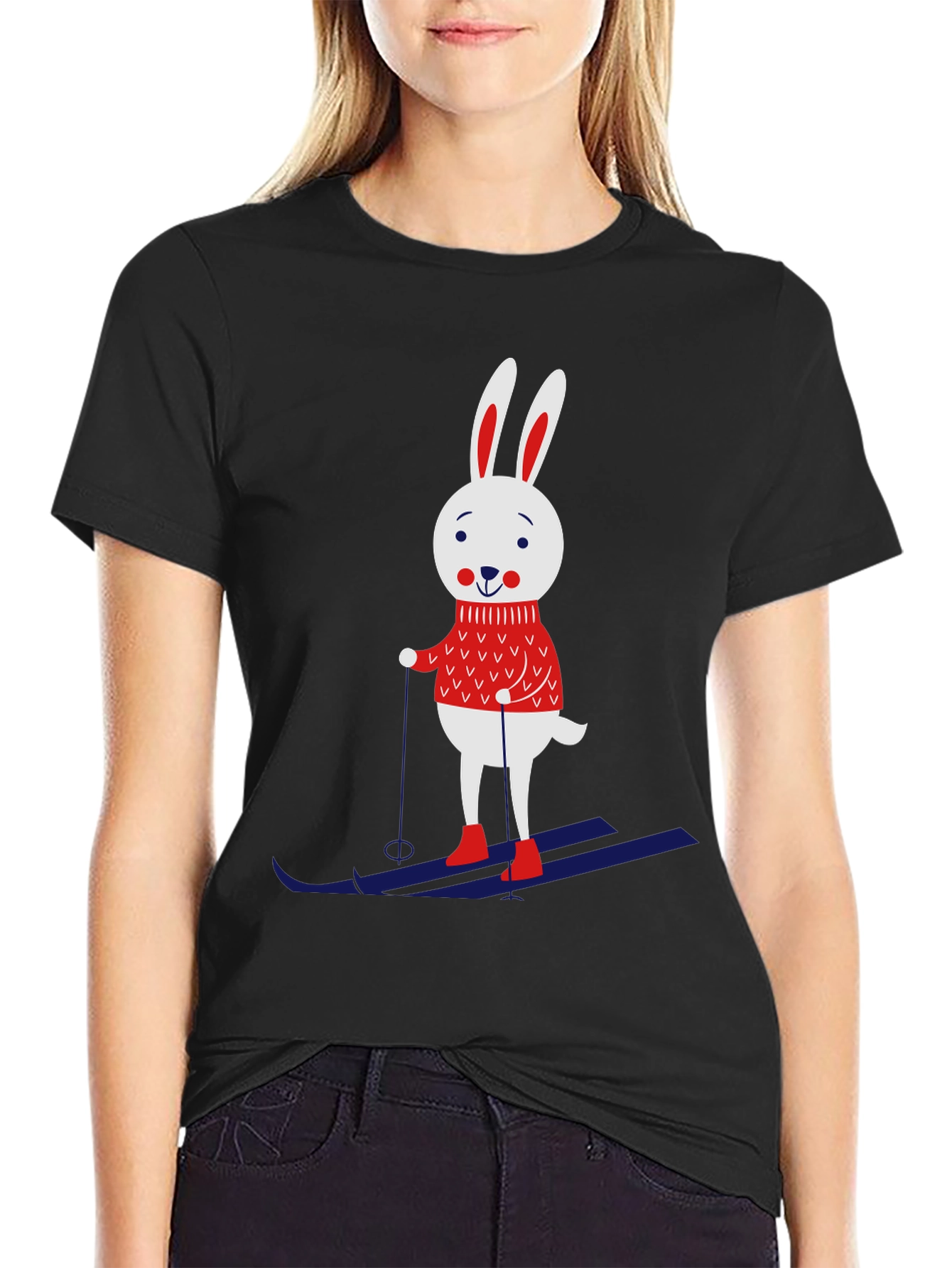 Black Skiing Rabbit Graphic Tee - Black Cotton T-Shirt view 2
