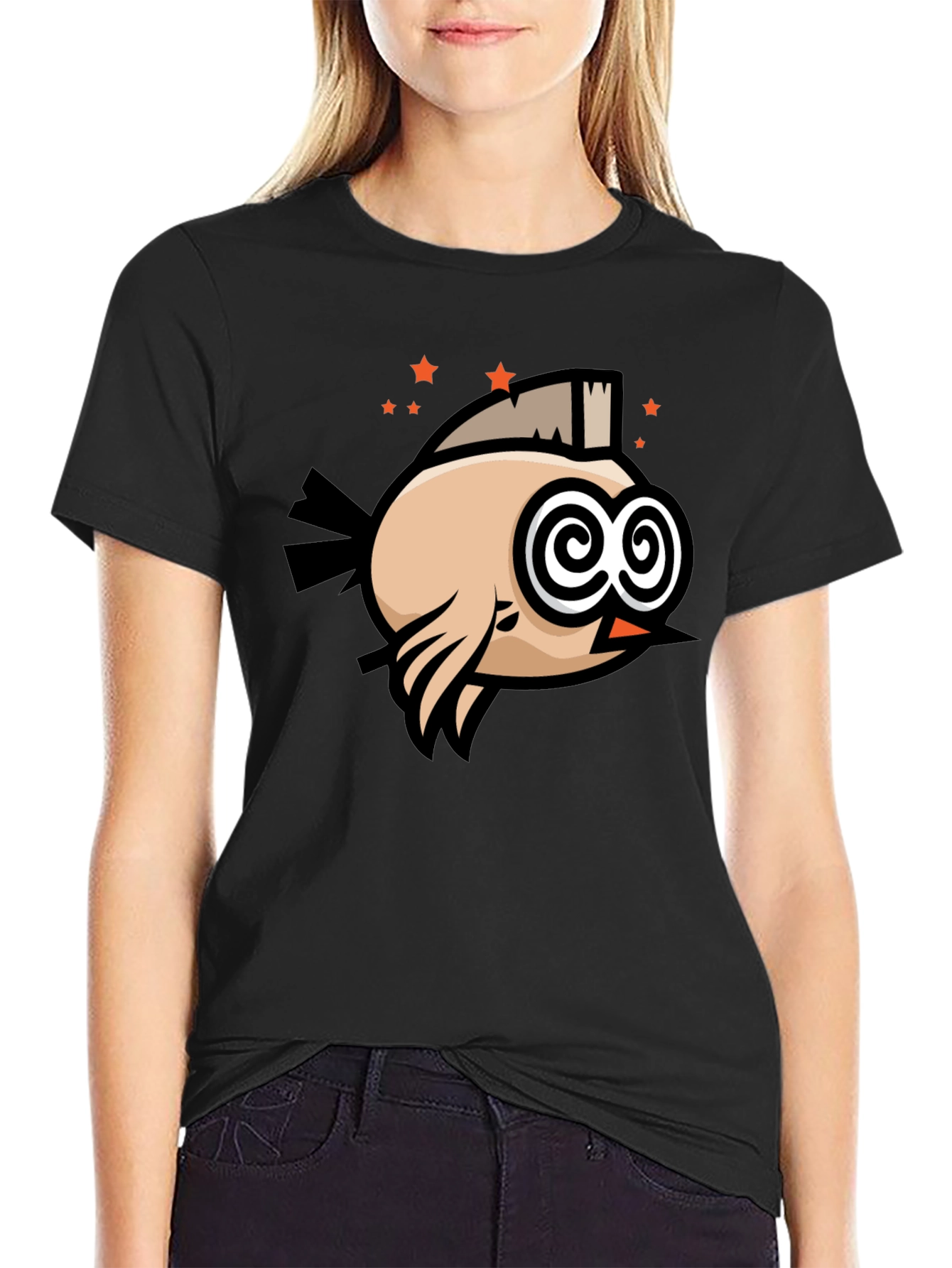 Black Funny Bird T-Shirt - Swirl Eyes Cartoon Tee view 2