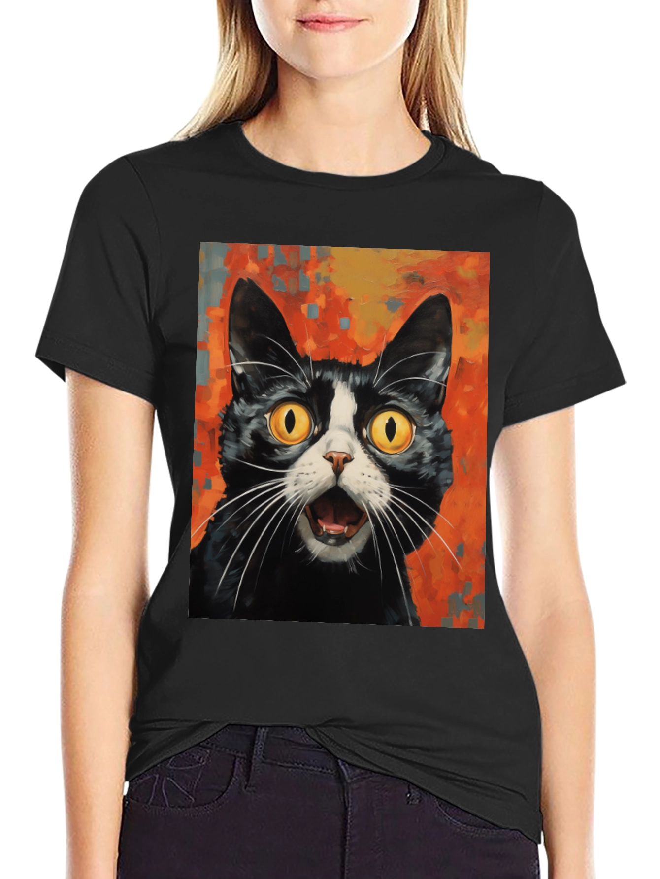 Black Shocked Cat Graphic Tee - Black Cotton T-Shirt view 2