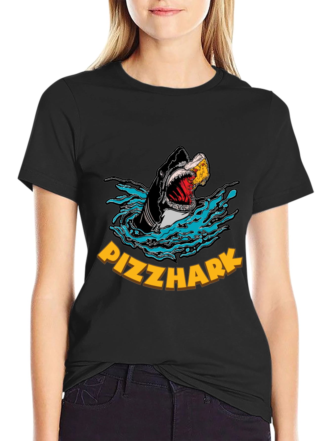 Black Pizza Shark Graphic T-Shirt - Funny Tee view 2