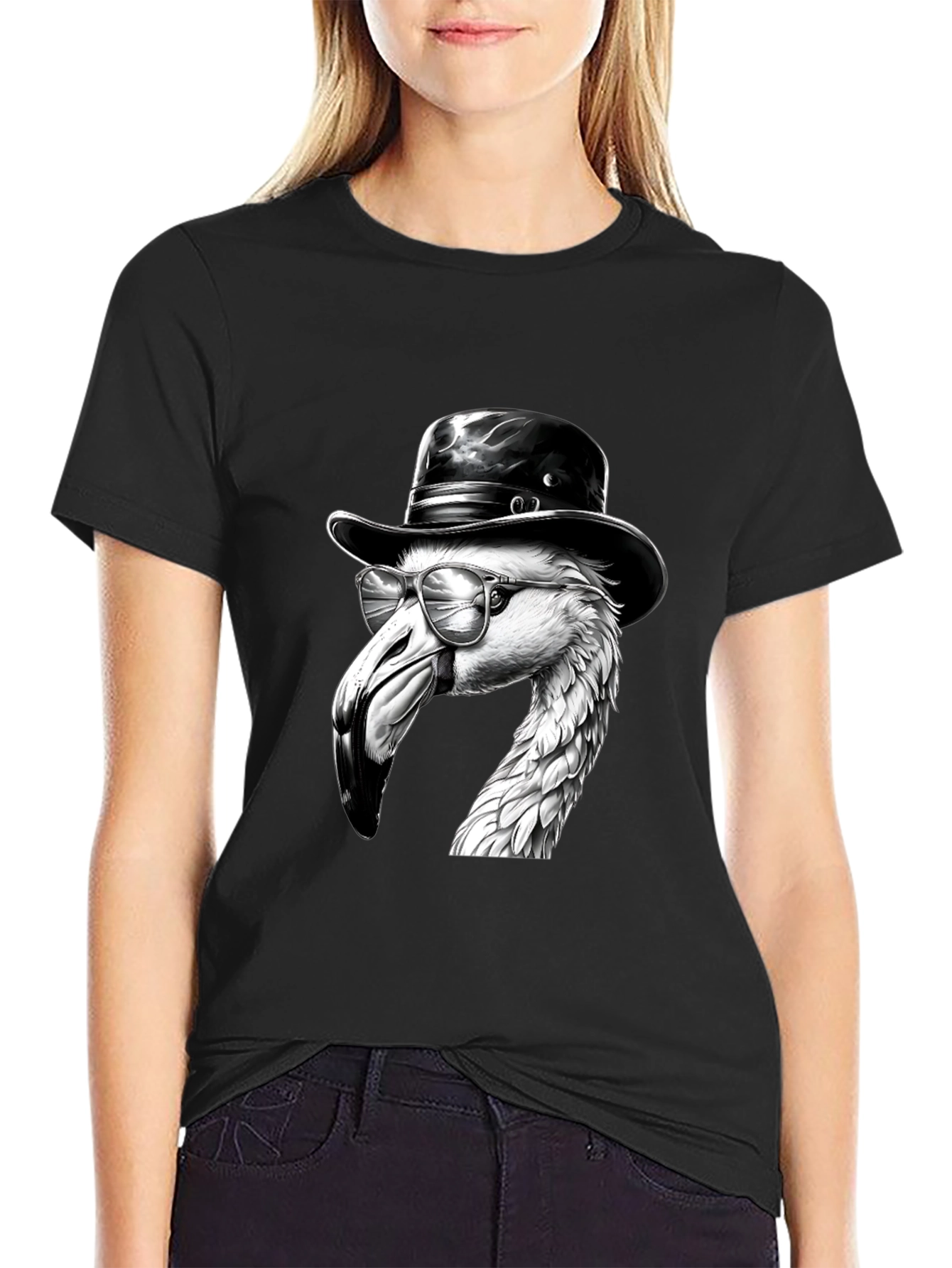 Black Flamingo Fedora Tee - Cool Bird Graphic T-Shirt view 2