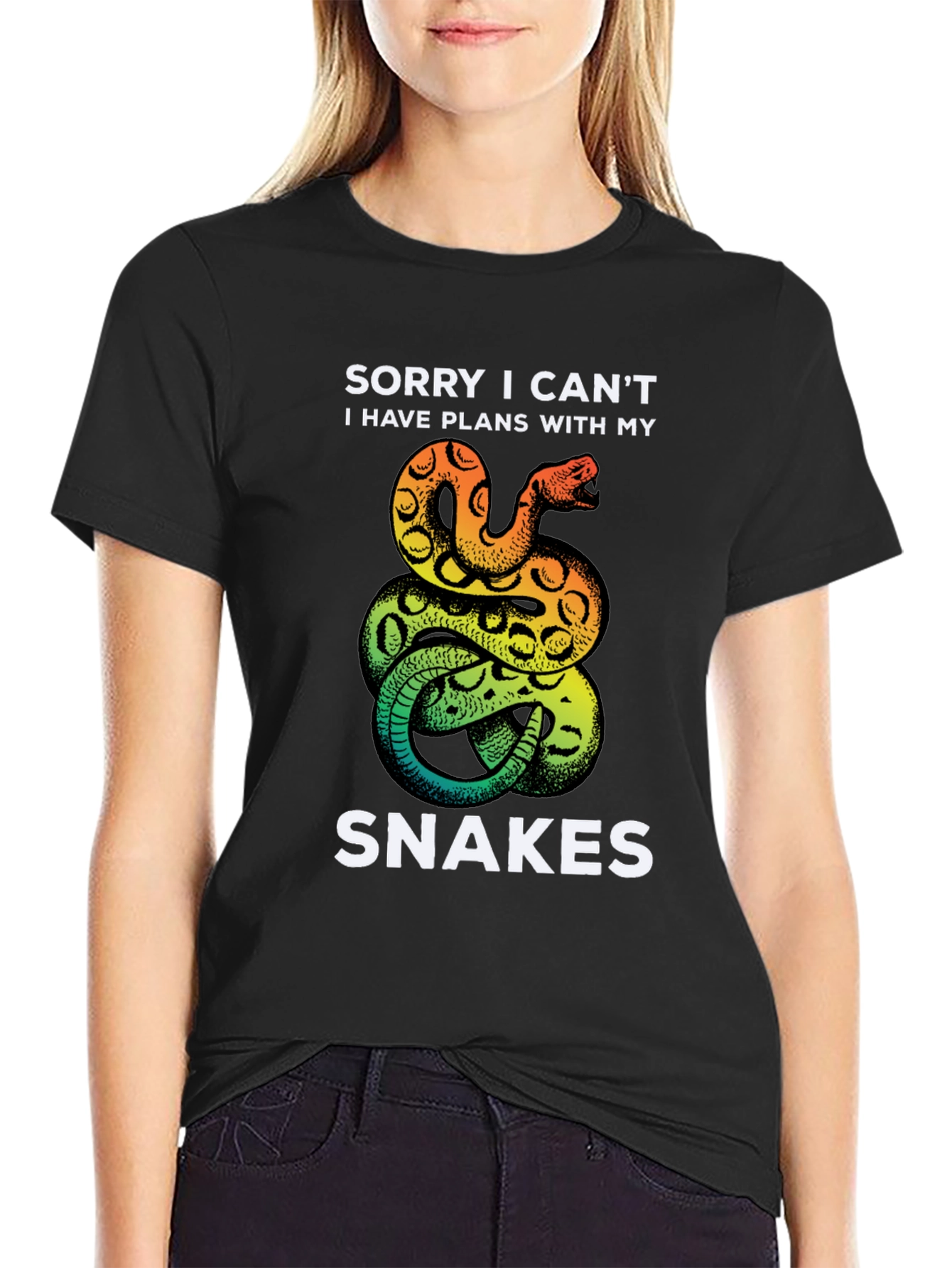 Black Funny Snake T-Shirt: Sorry I Can't, Snake Lover Tee view 2