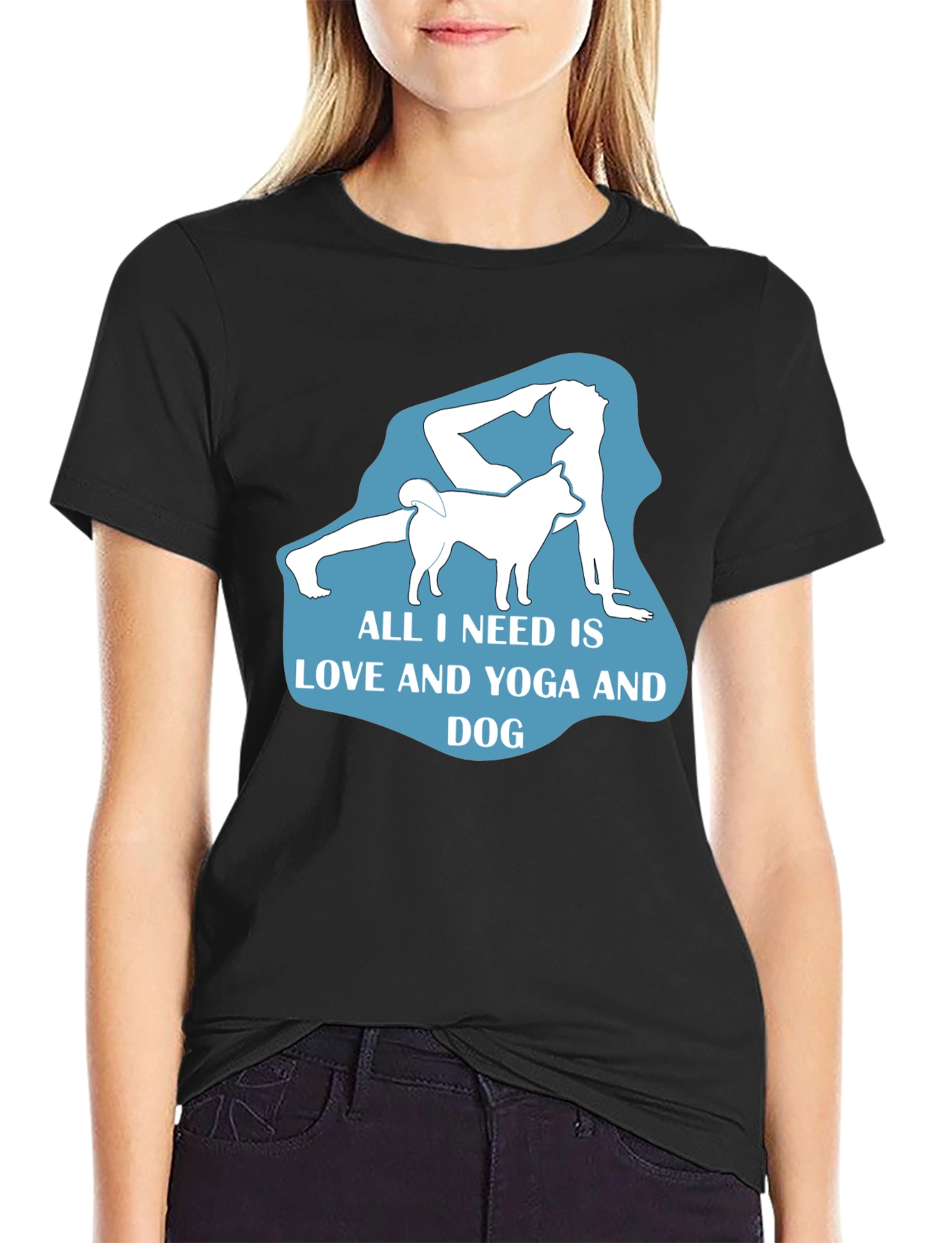 Black Yoga and Dog Lover T-Shirt - Black Cotton Tee view 2