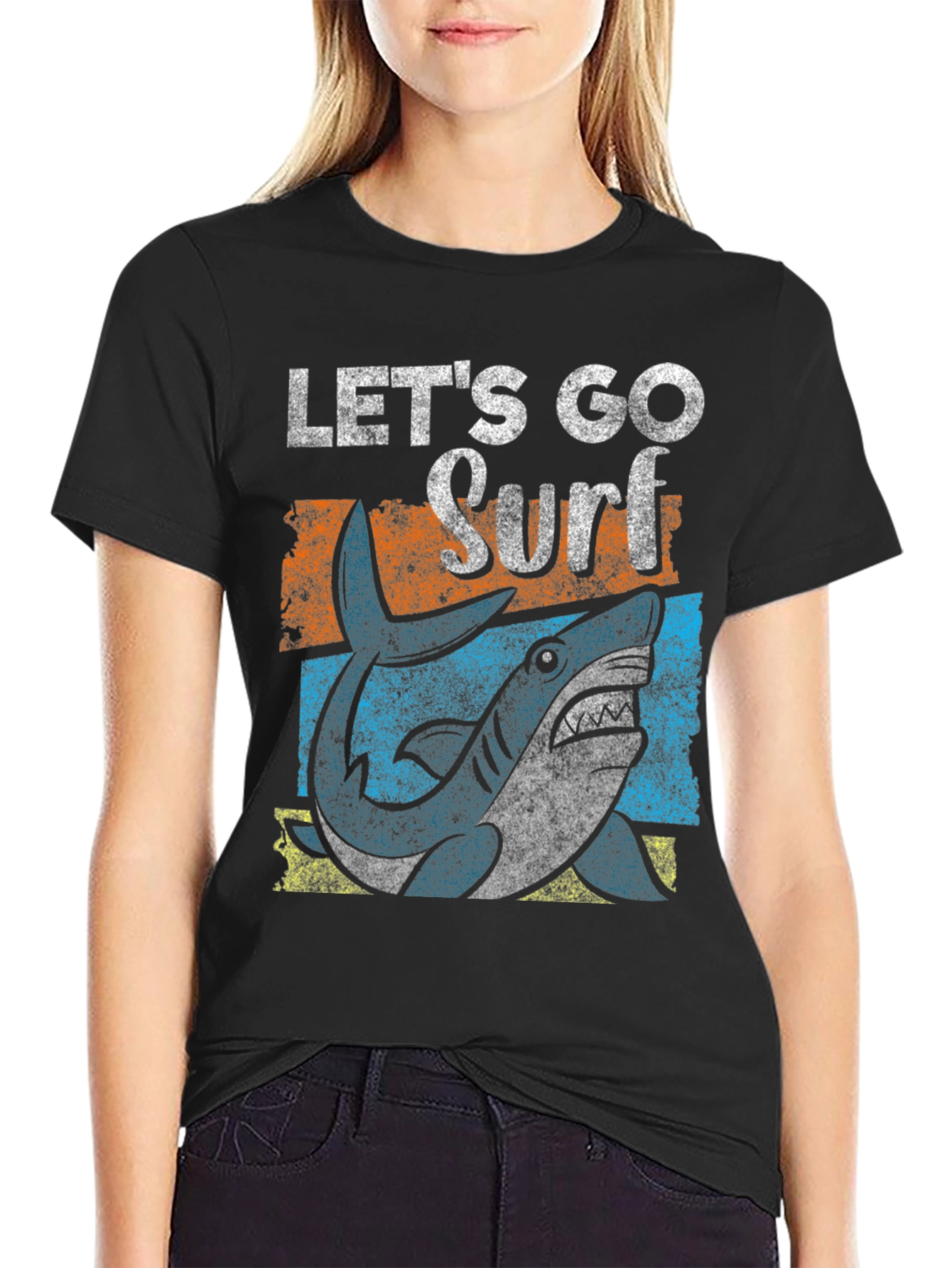 Black Let's Go Surf Shark Graphic Tee - Black view 2