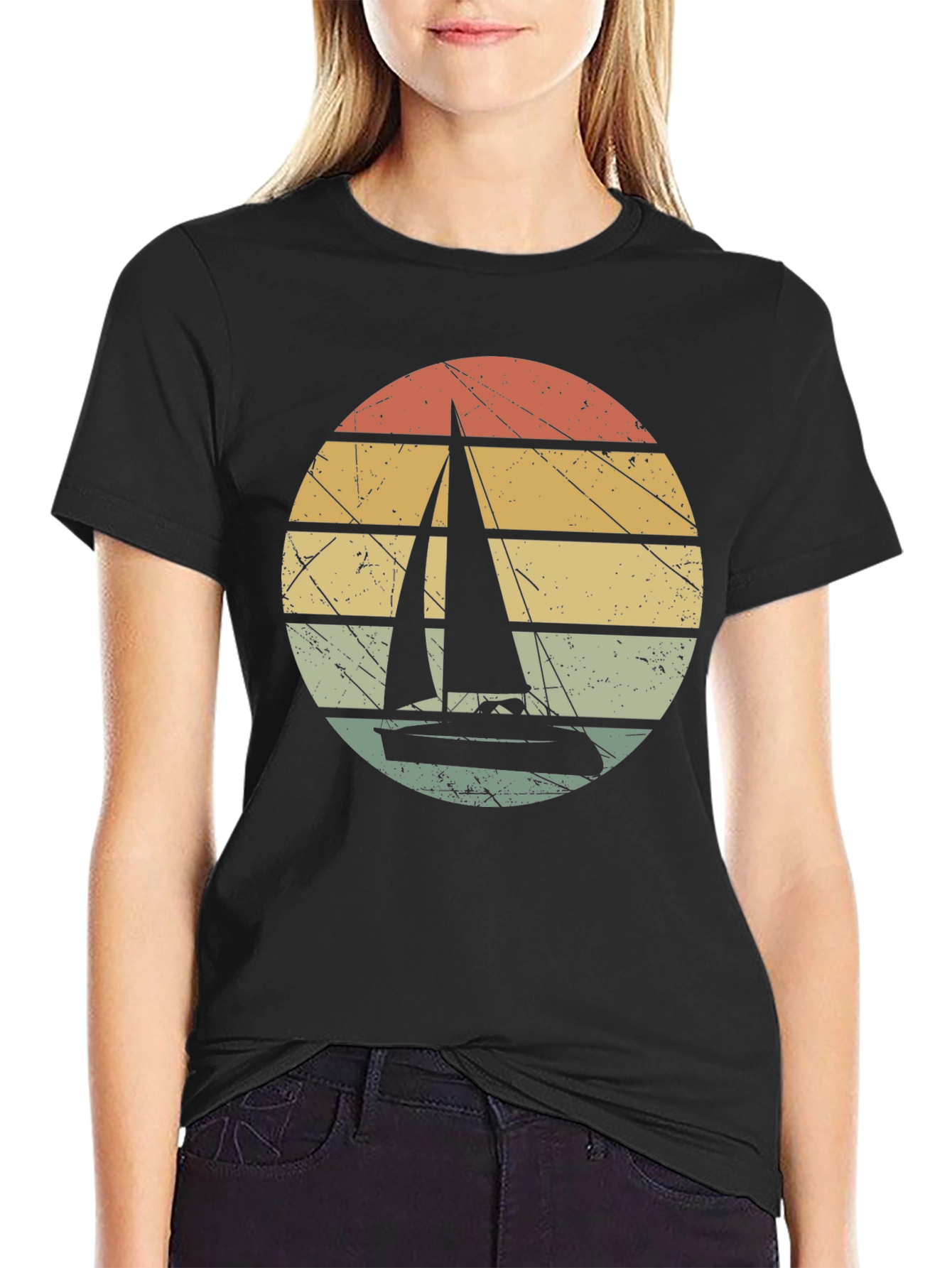 Black Vintage Sunset Sailboat Graphic T-Shirt view 2