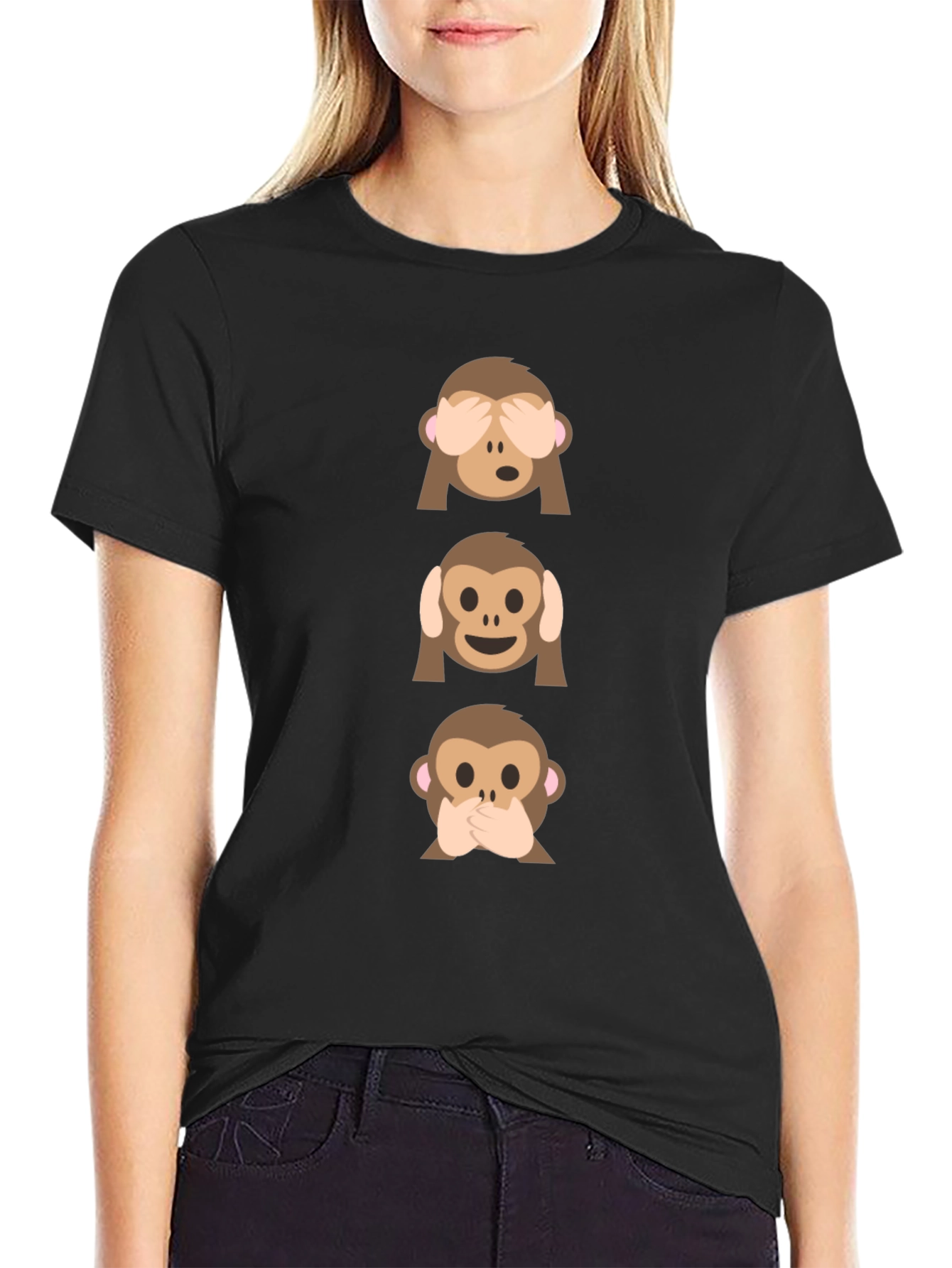 Black Hear See Speak No Evil Monkey Emoji Graphic Tee view 2