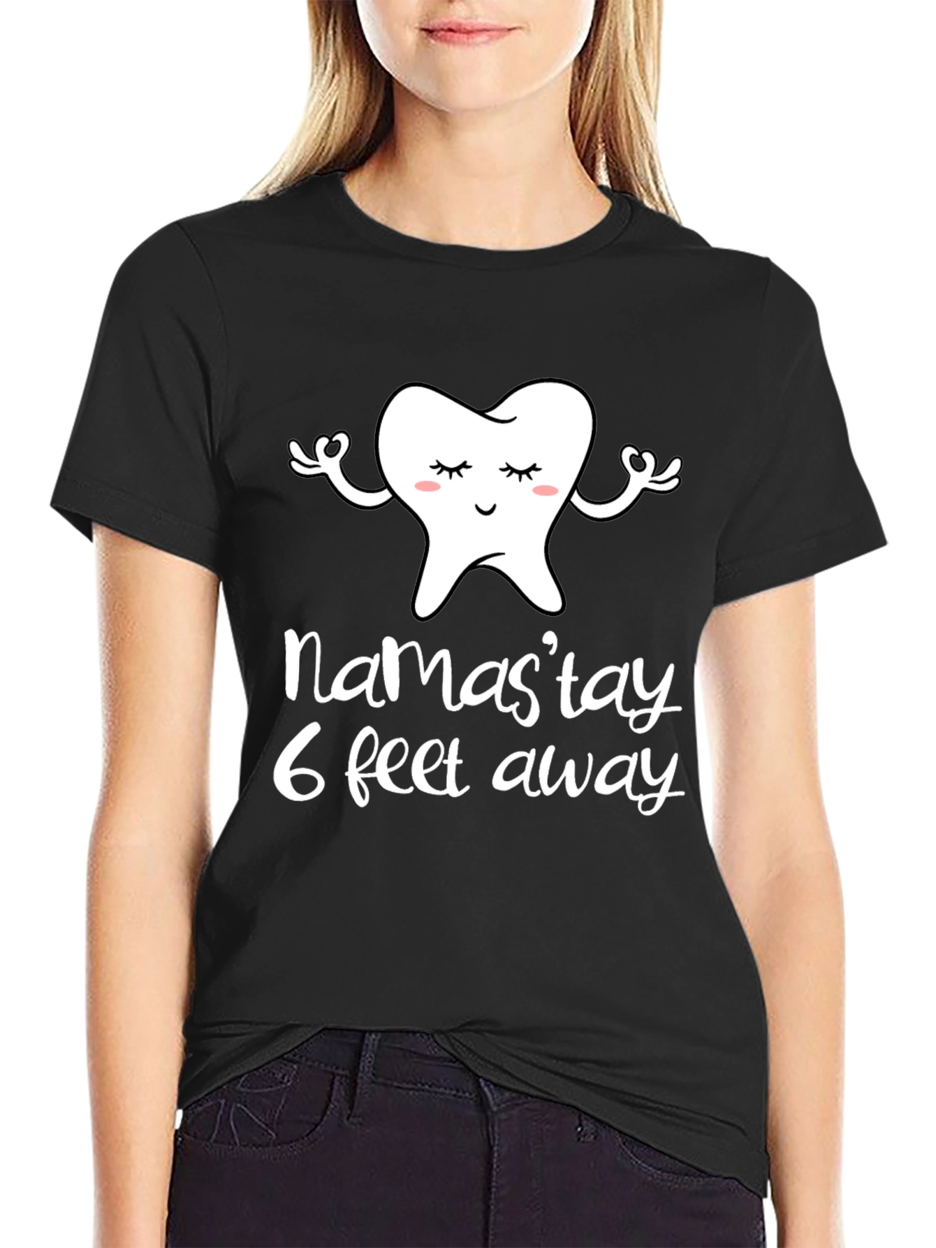 Black Namast'ay 6 Feet Away Funny Tooth Graphic Tee view 2